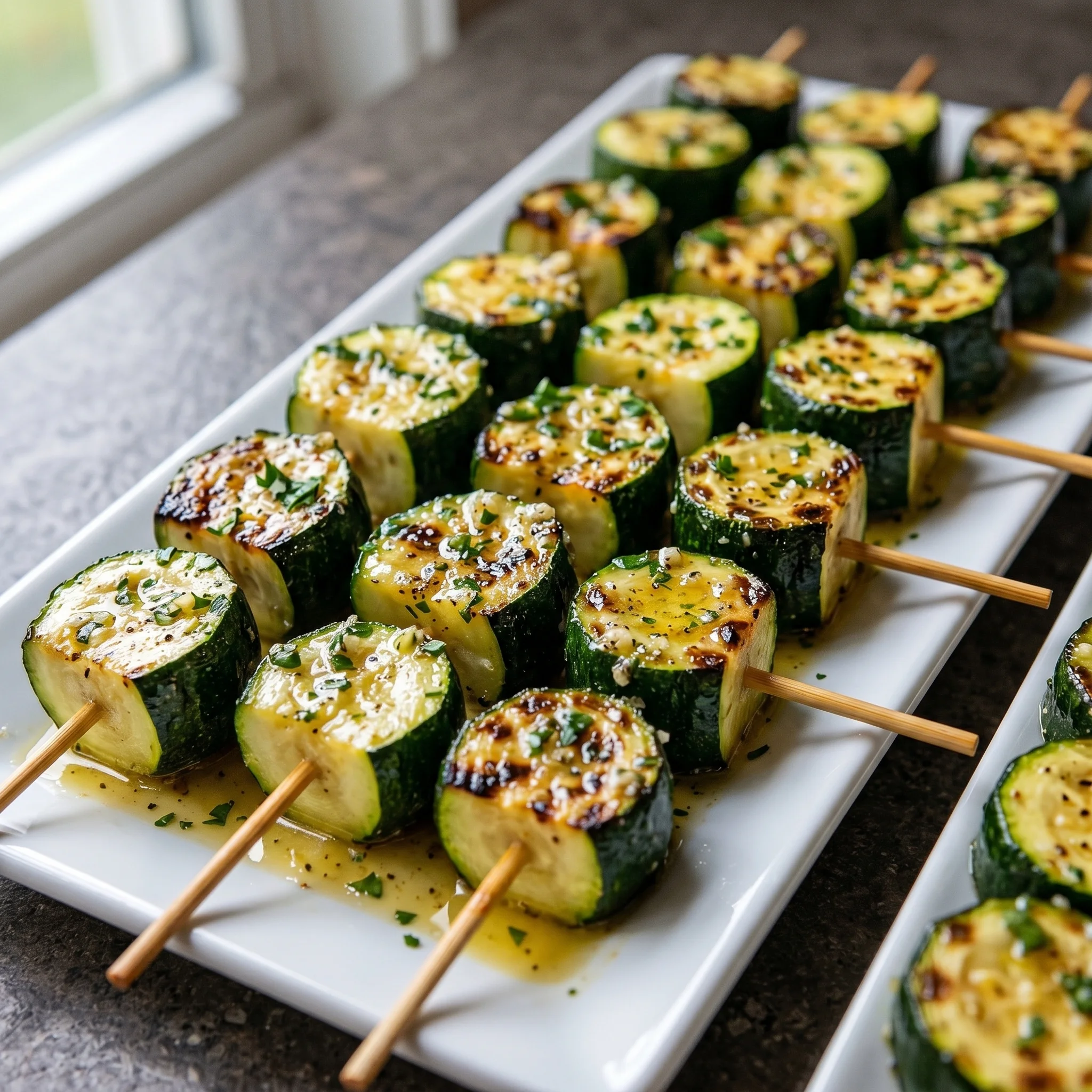 A plate of zucchini skewers with butter and herbs.
