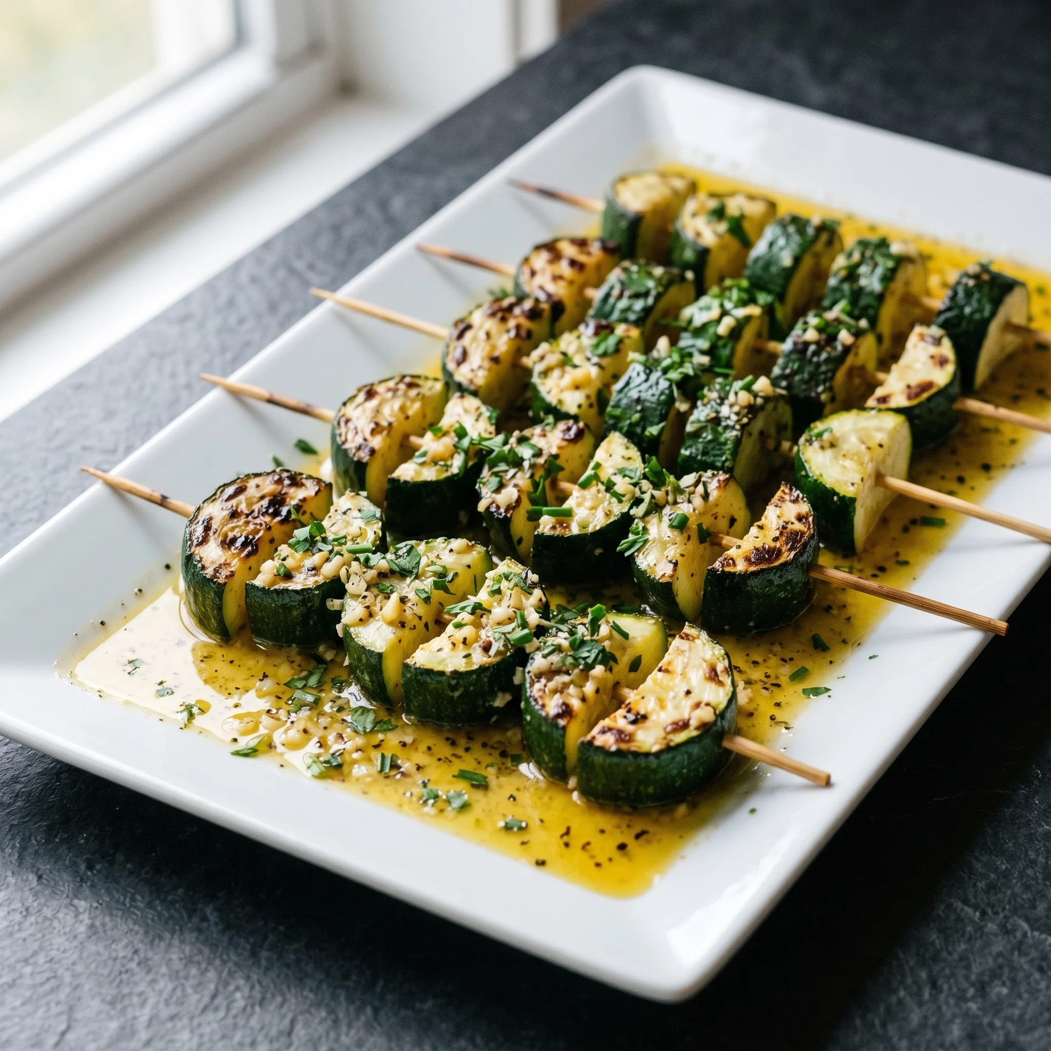 A plate of zucchini skewers with butter and herbs.