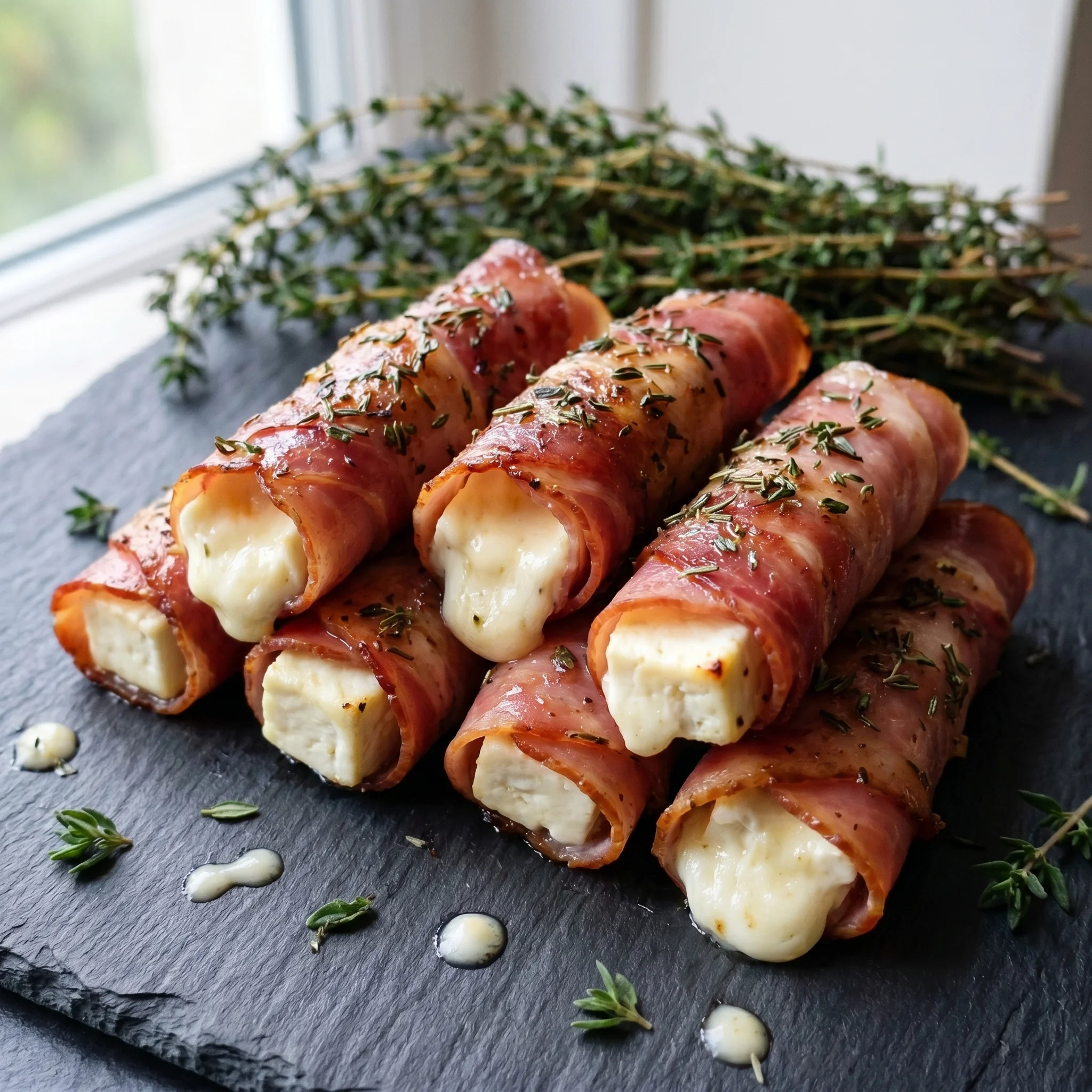 Grilled feta cheese rolls with herbs.