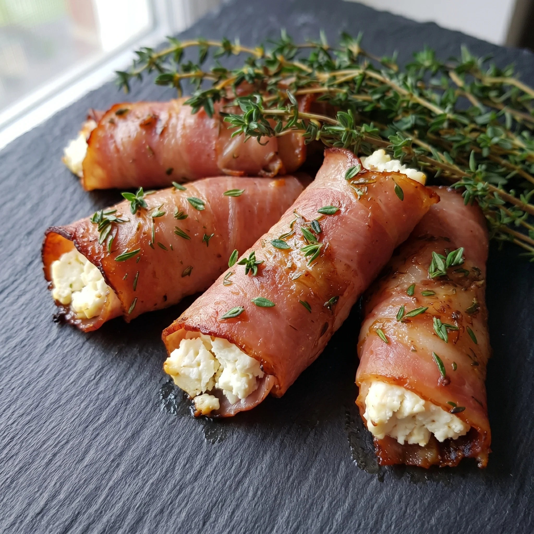 A plate of grilled feta and bacon rolls.