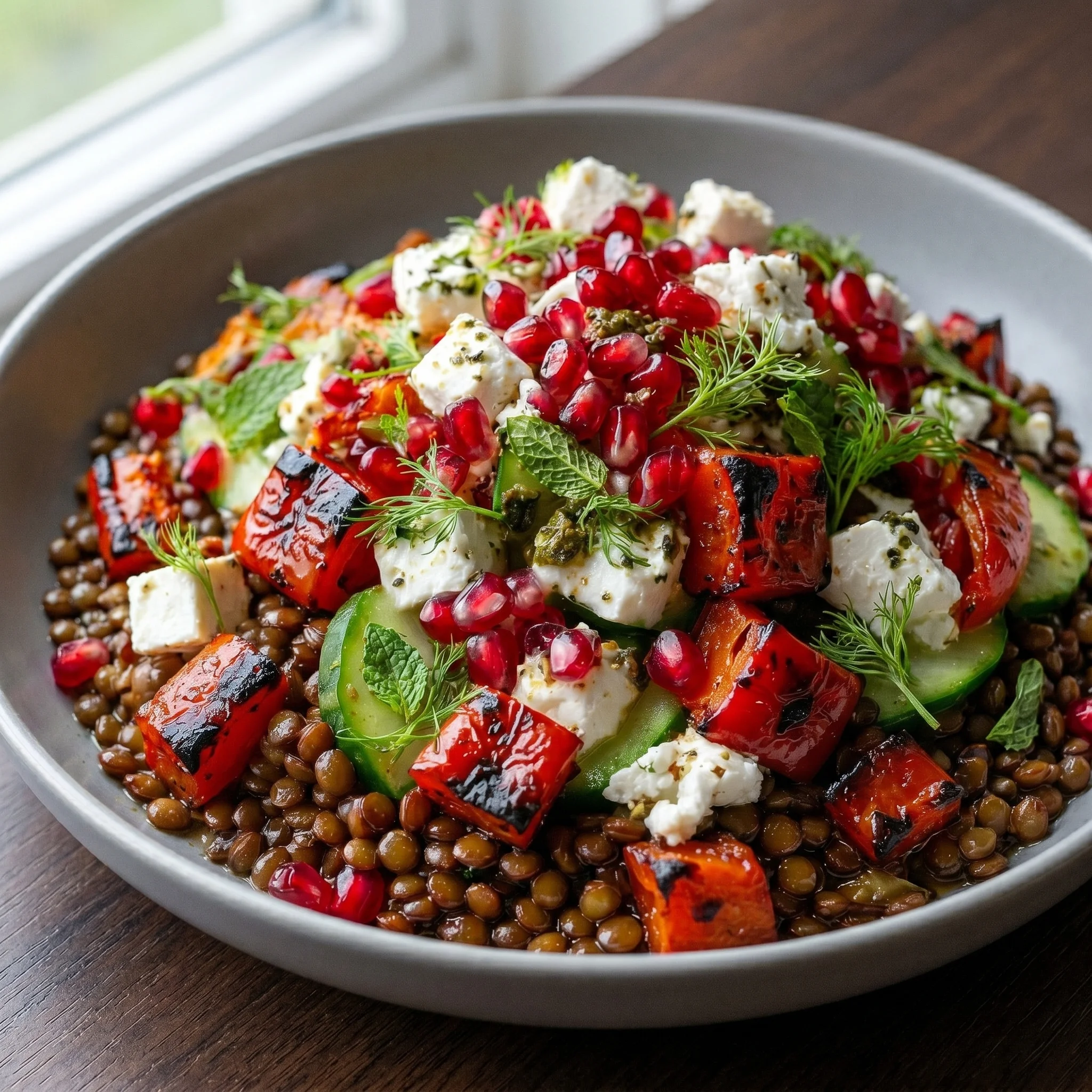 A bowl of food with a variety of vegetables and feta cheese.