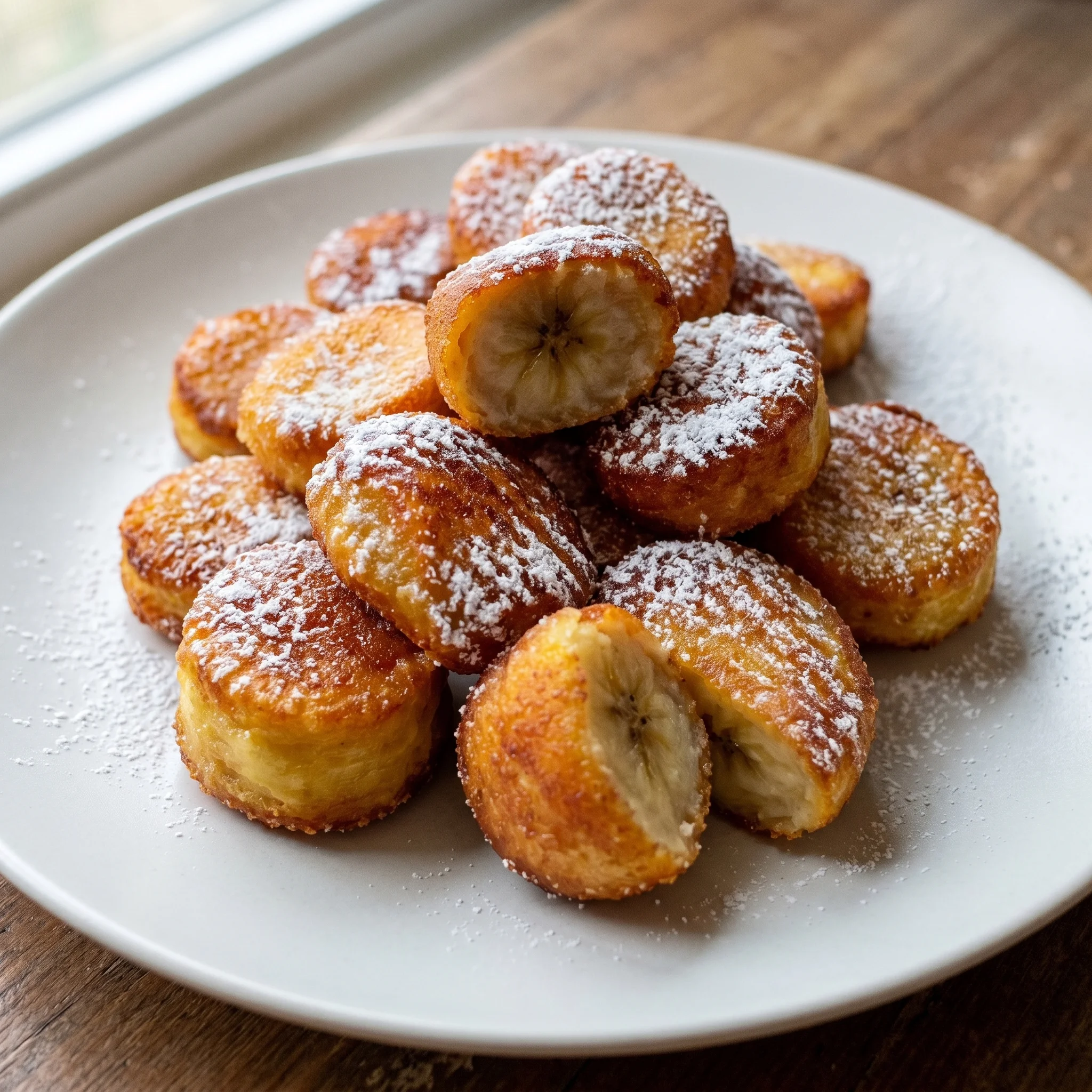 A plate of banana bread with powdered sugar on top.