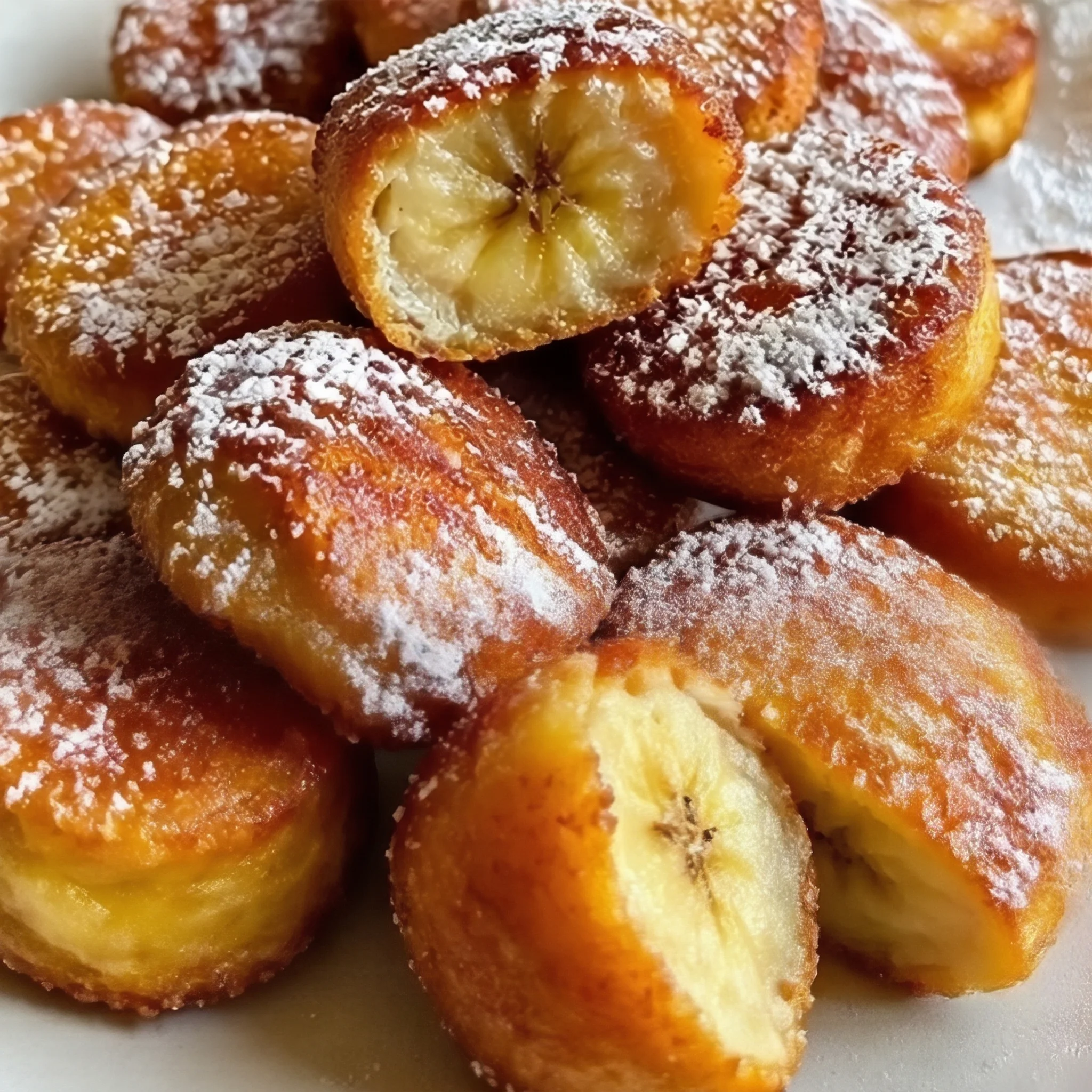 A plate of banana bread with powdered sugar on top.
