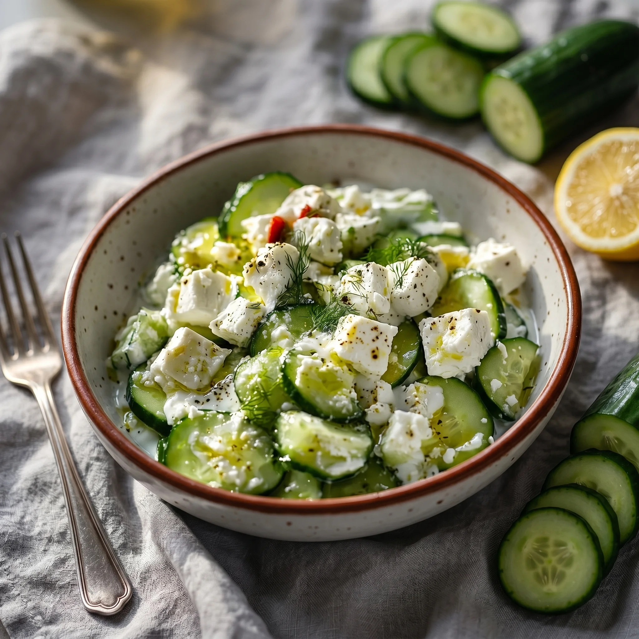 A bowl of cucumber salad with feta cheese and yogurt.
