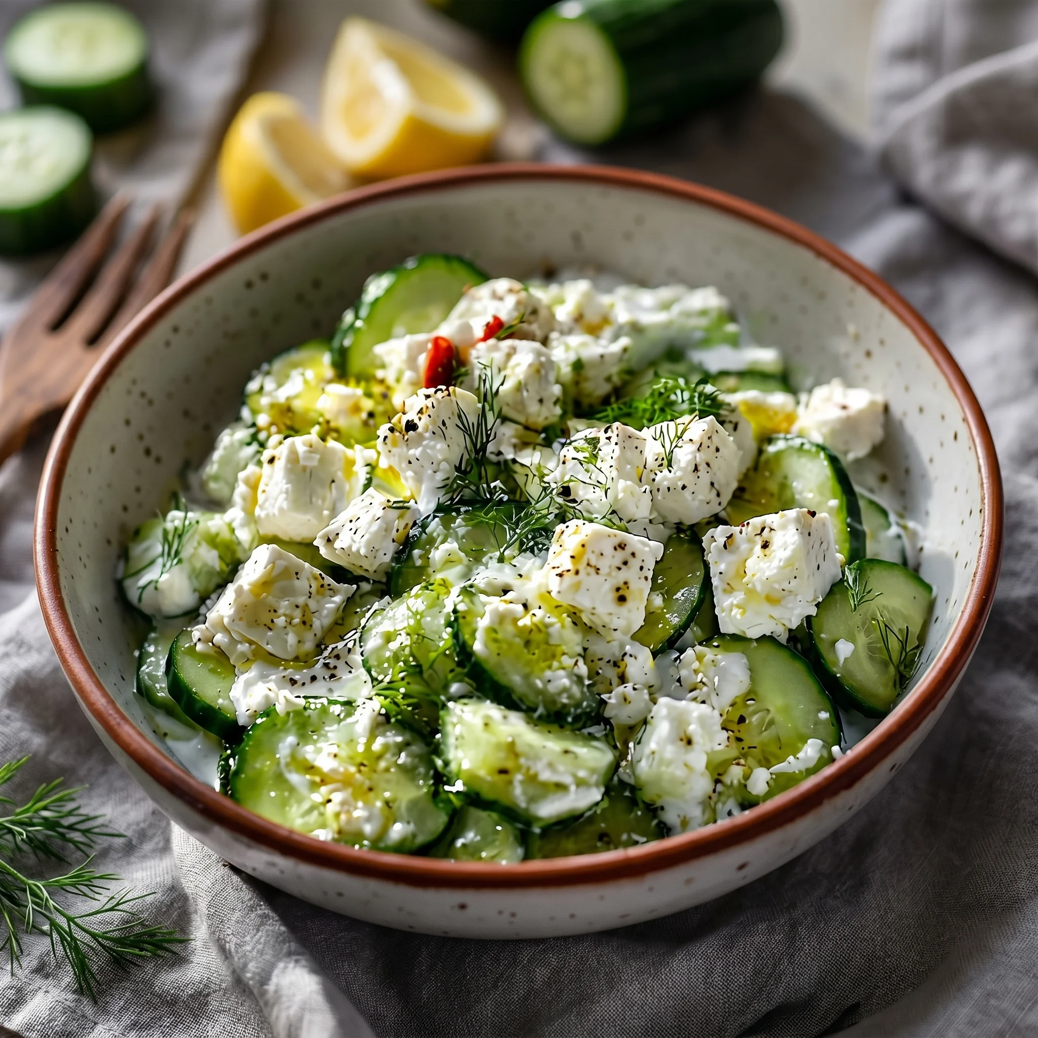 A bowl of vegetables with feta cheese and lemon.