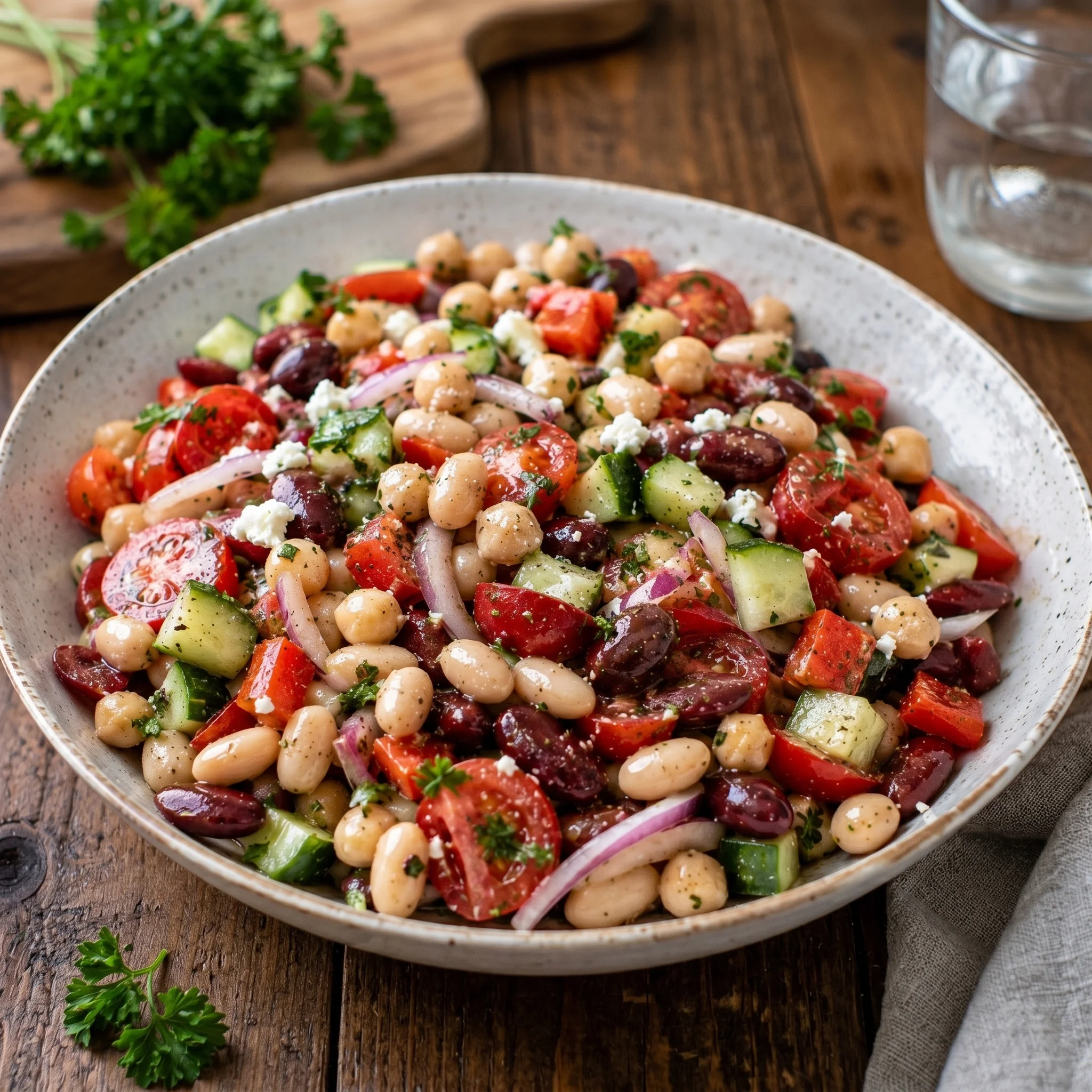 A bowl of Mediterranean beans and vegetables.