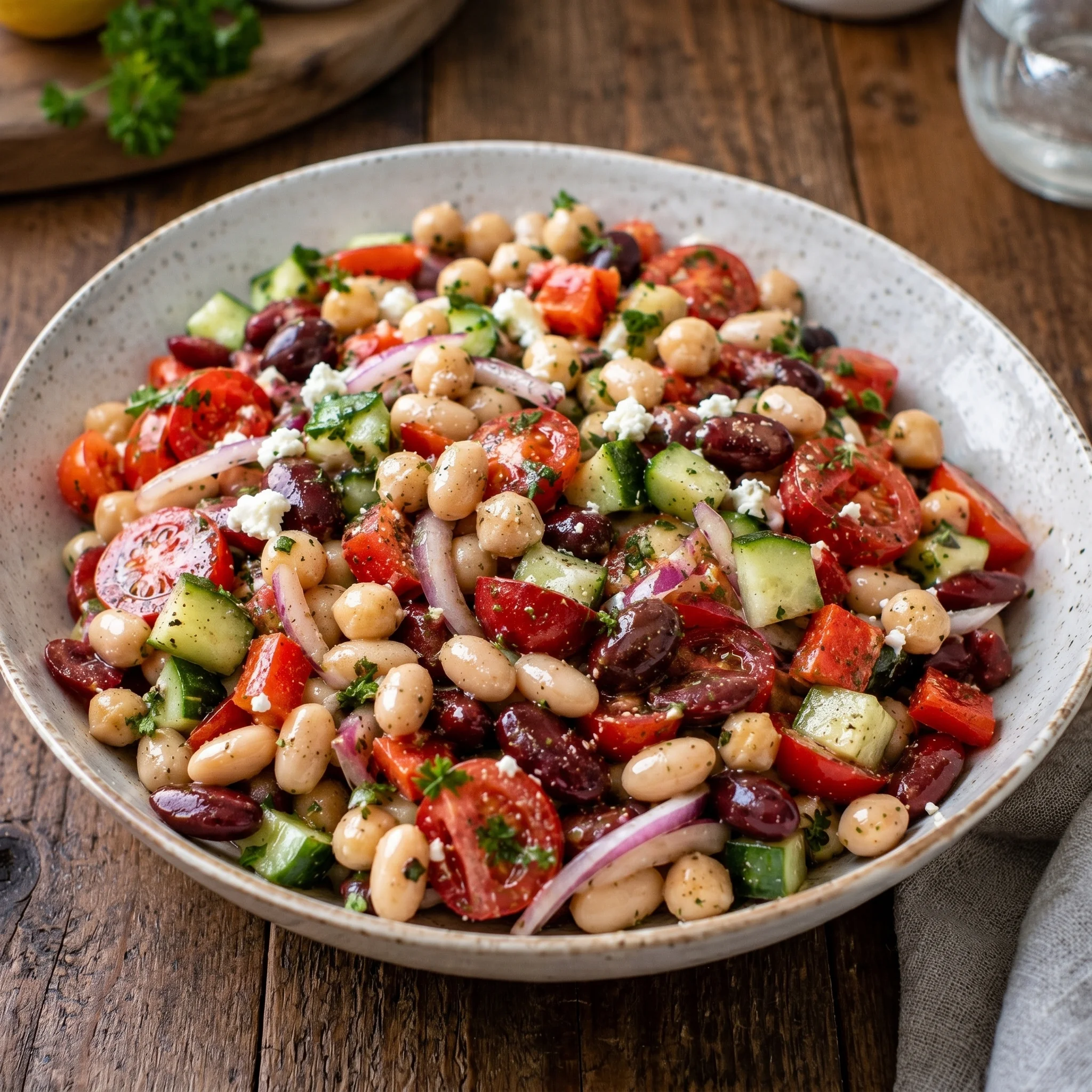 A bowl of Mediterranean beans and vegetables.