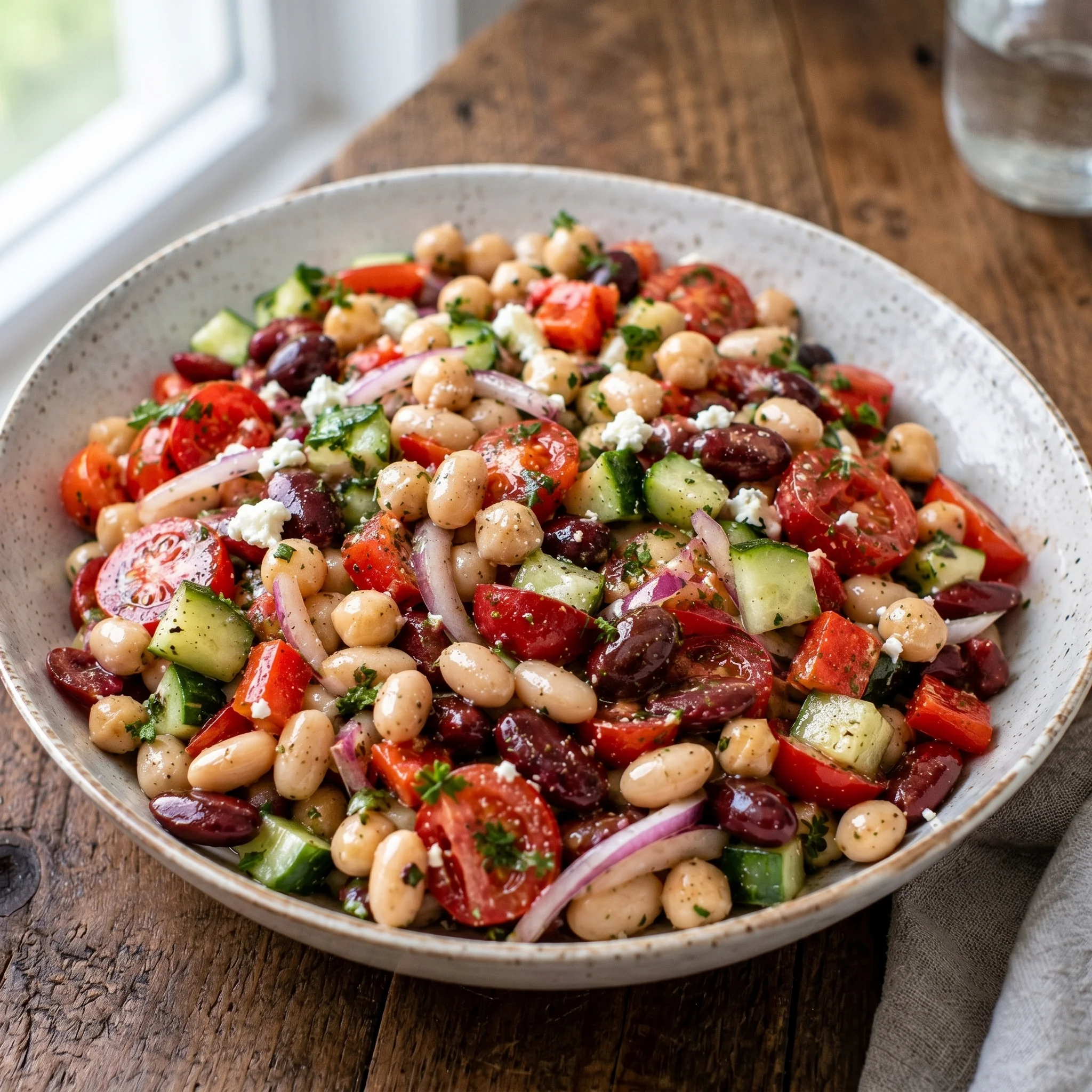 A bowl of Mediterranean beans and vegetables.