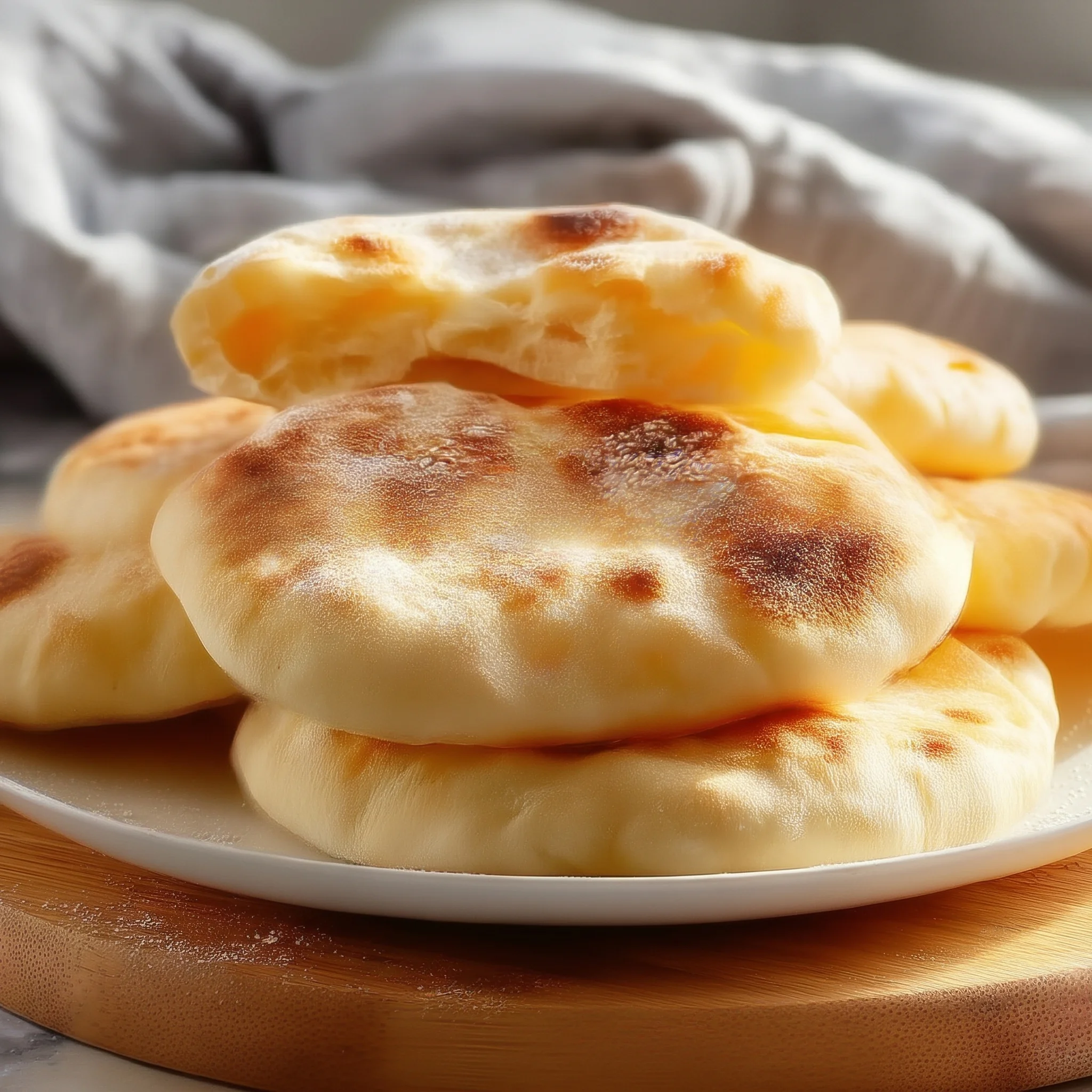 Pita breads are stacked on a plate.
