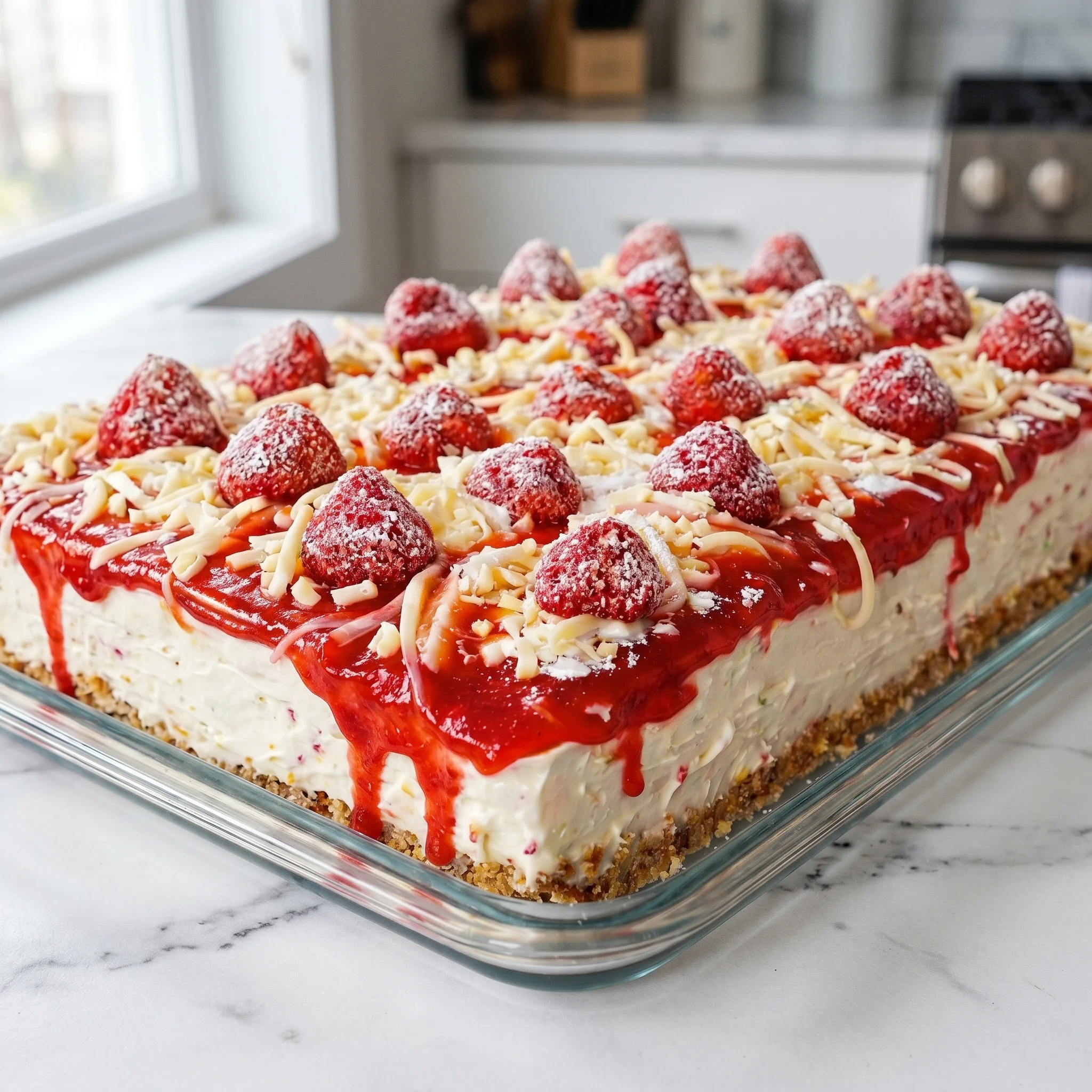 A close up of a strawberry cheesecake with strawberries on top.