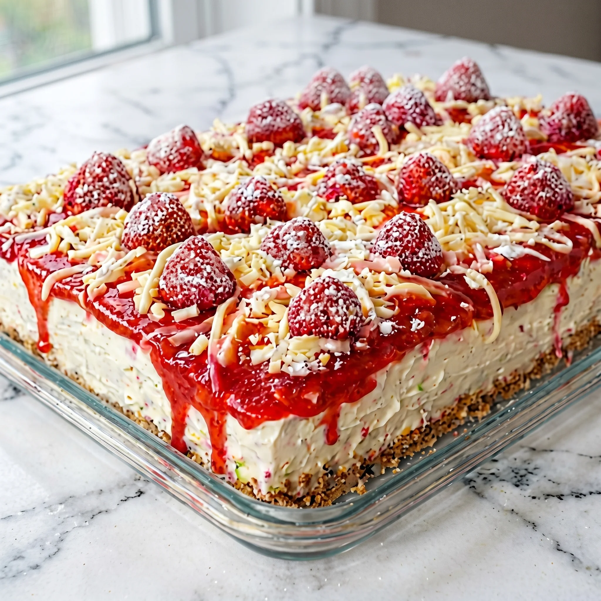 A close up of a cake with strawberries and whipped cream.