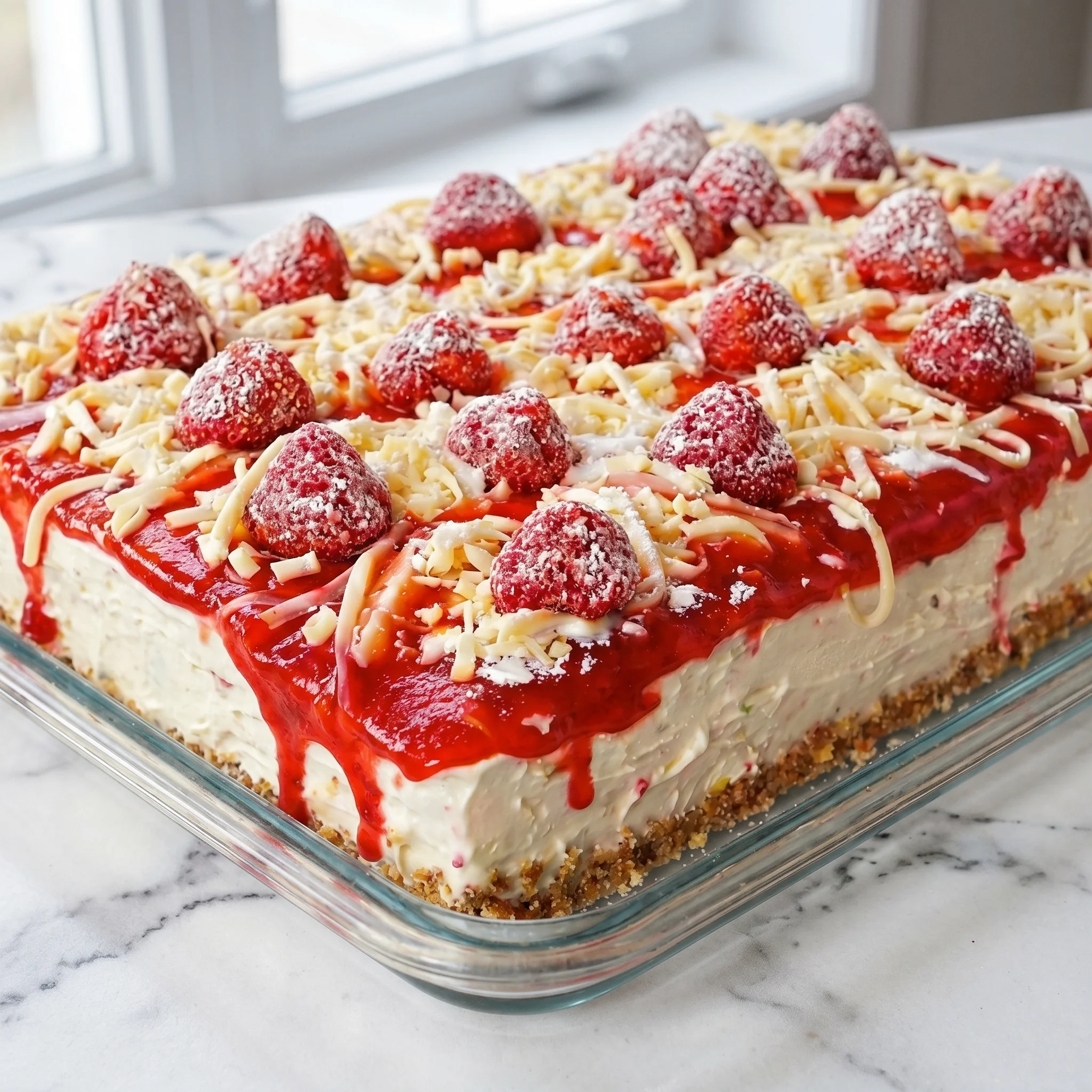 A cake with strawberries and whipped cream.