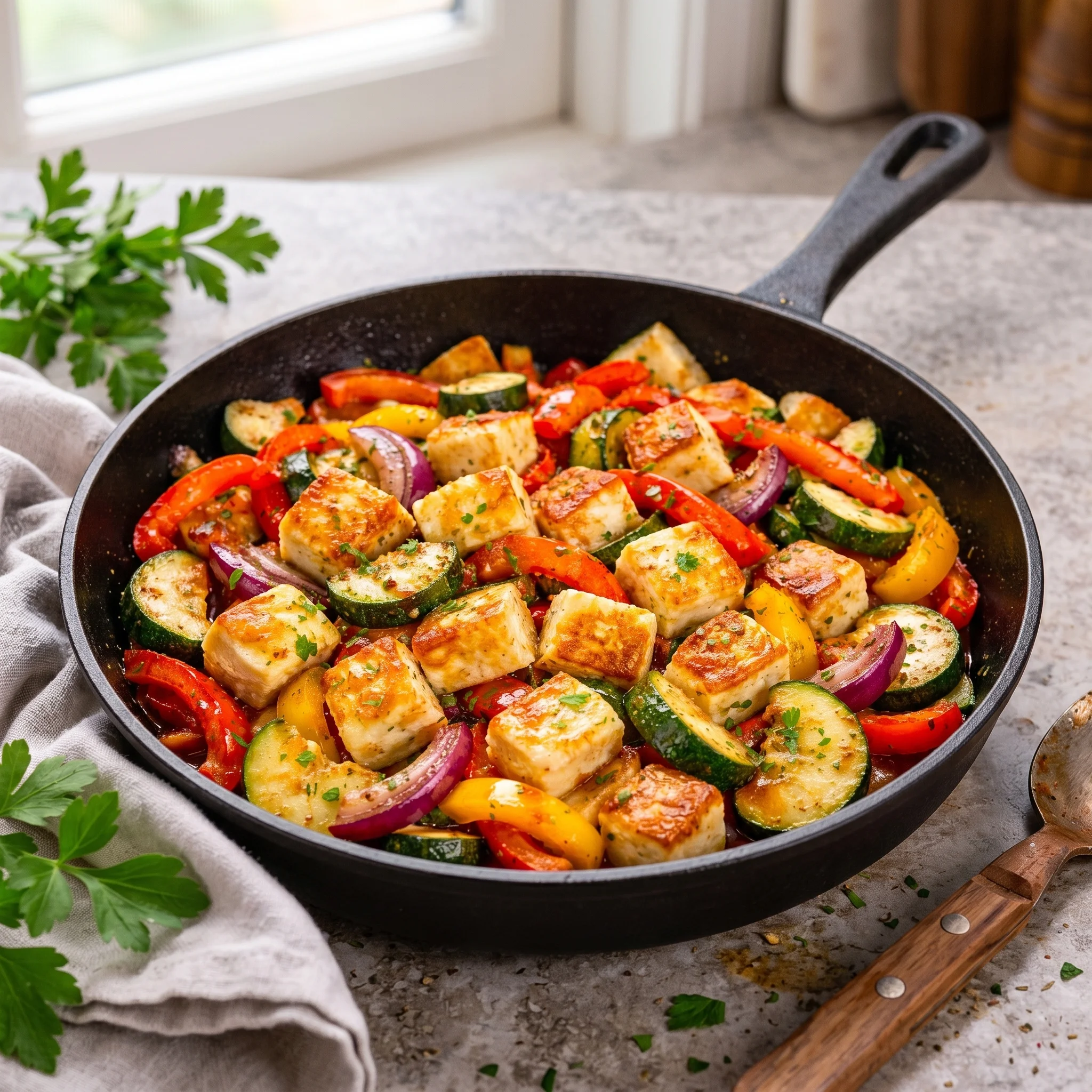 A pan of food with a spoon next to it.