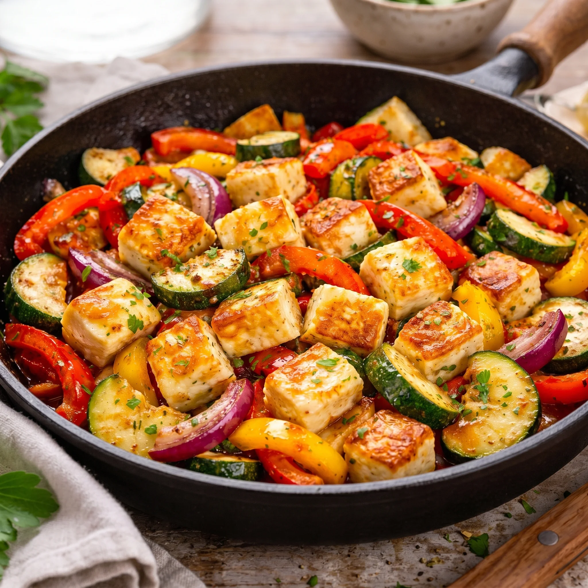 A pan of food with vegetables and meat.