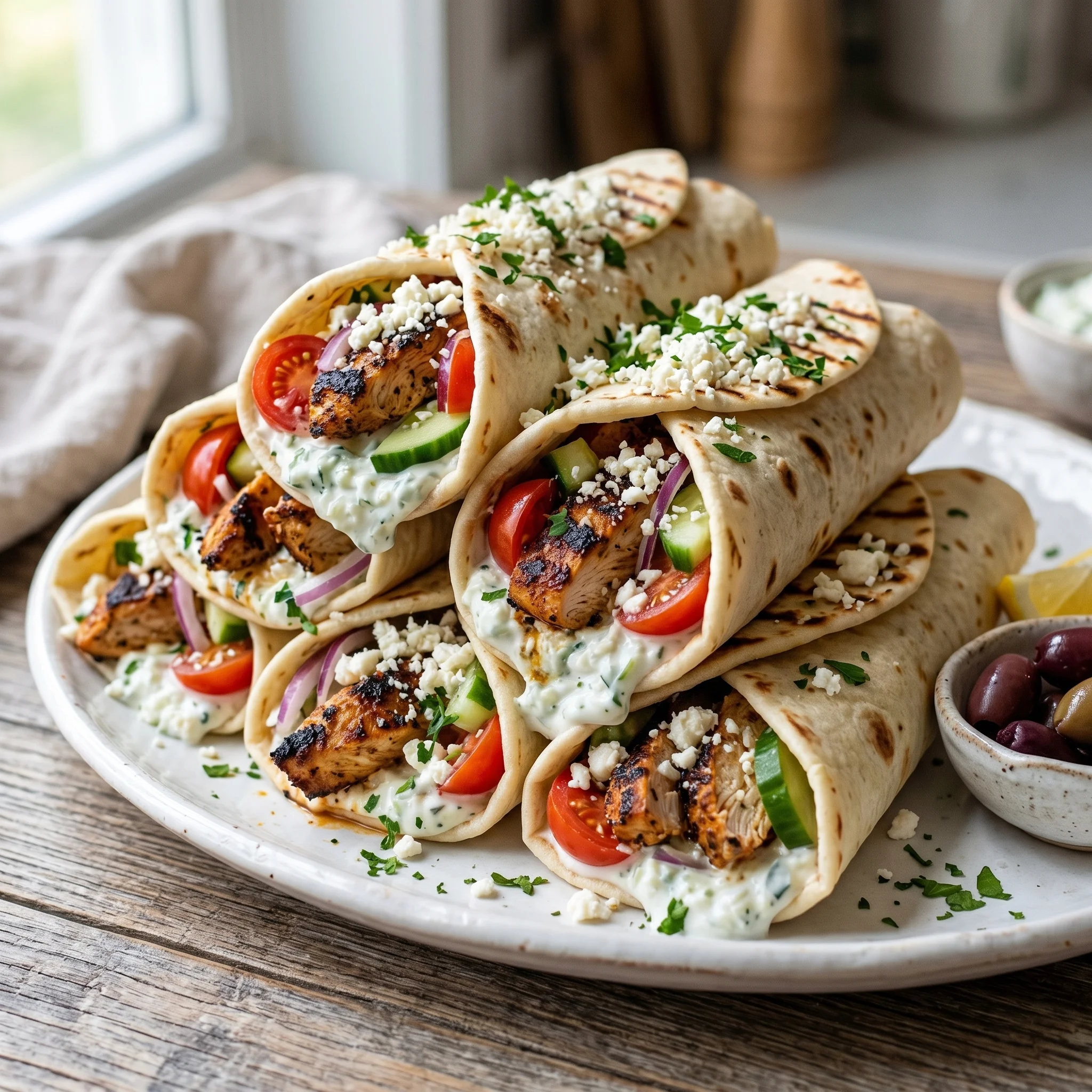 A plate of griechische kipwraps with tzatziki.