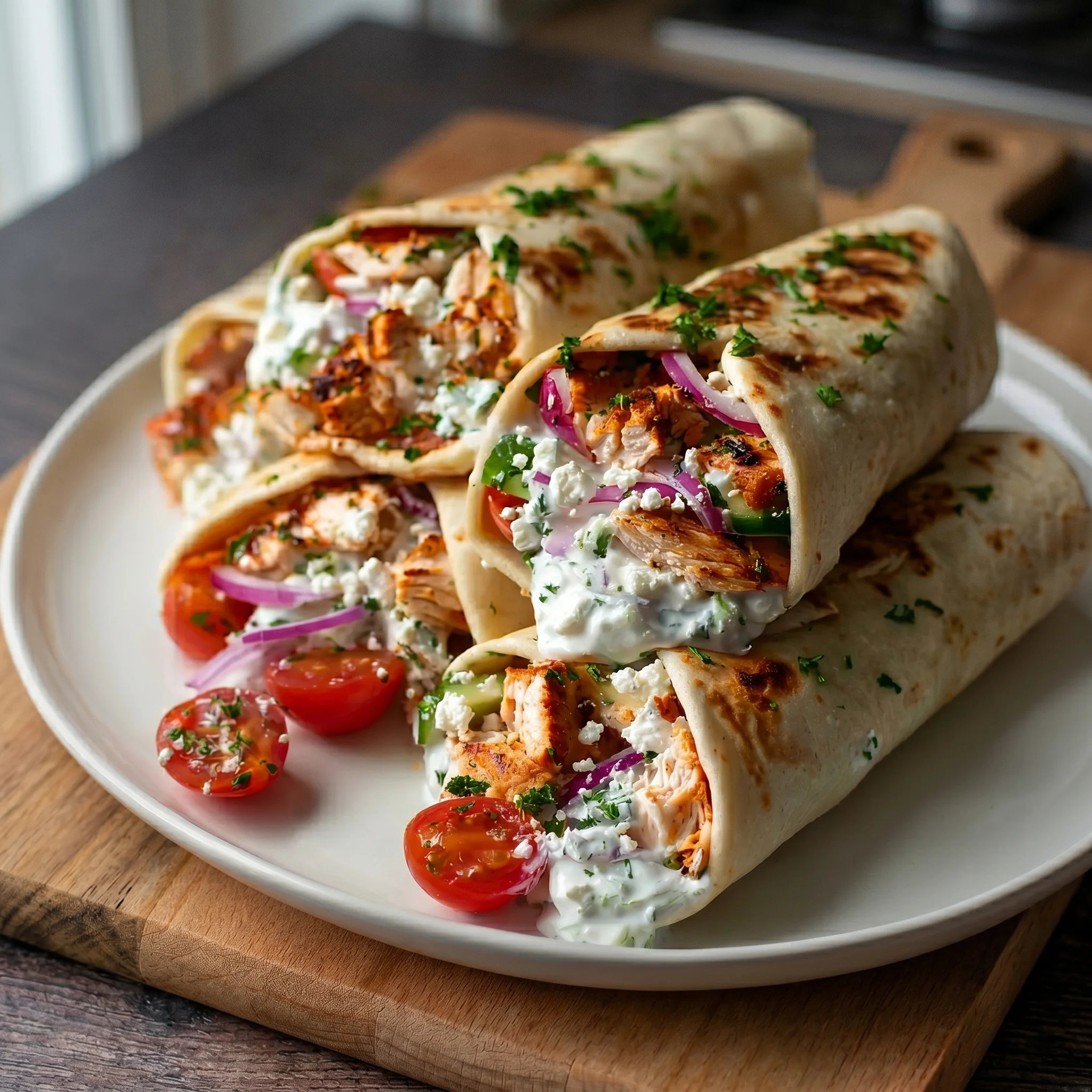 A plate of griechische kipwraps with tzatziki.