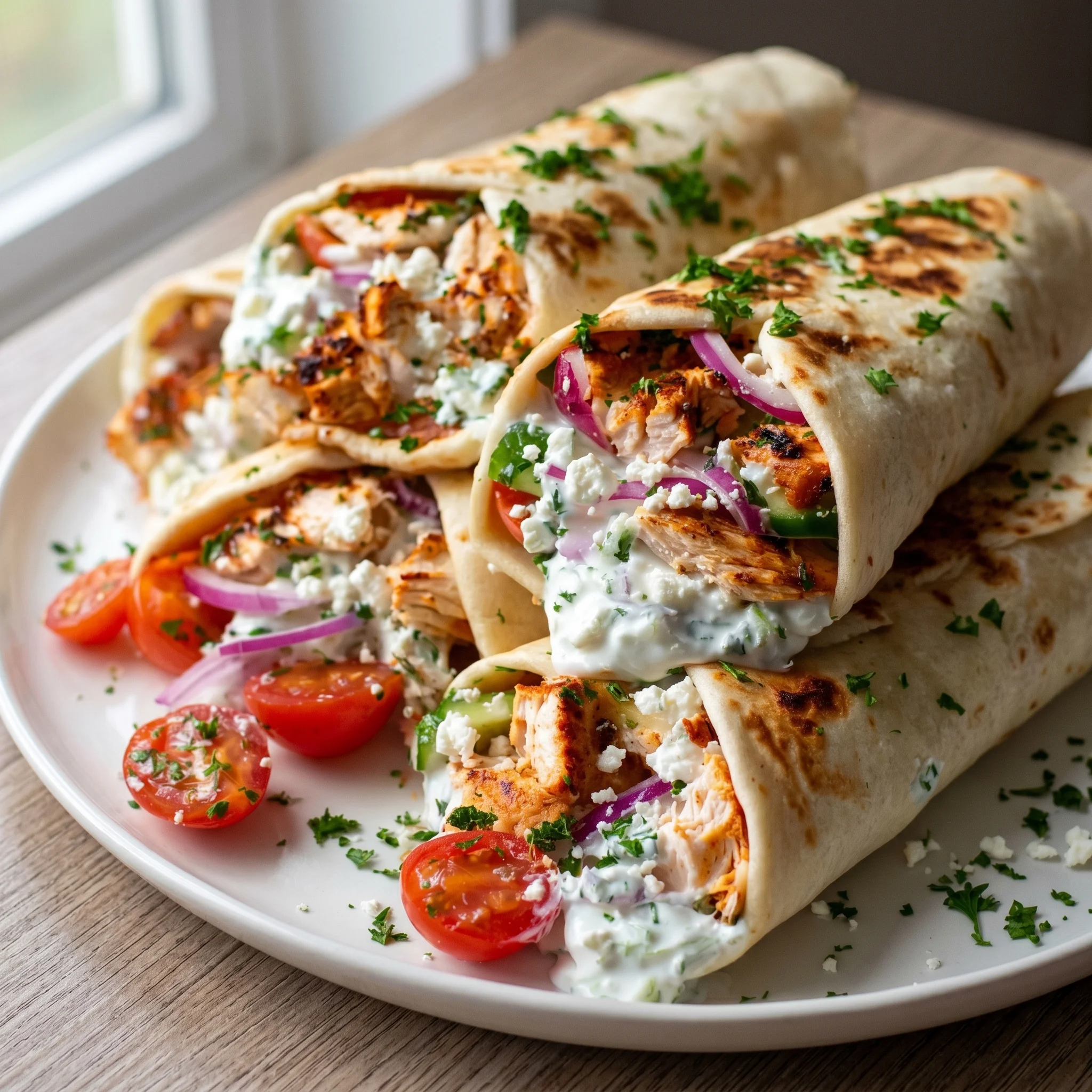 A plate of grilled chicken wraps with tzatziki sauce.