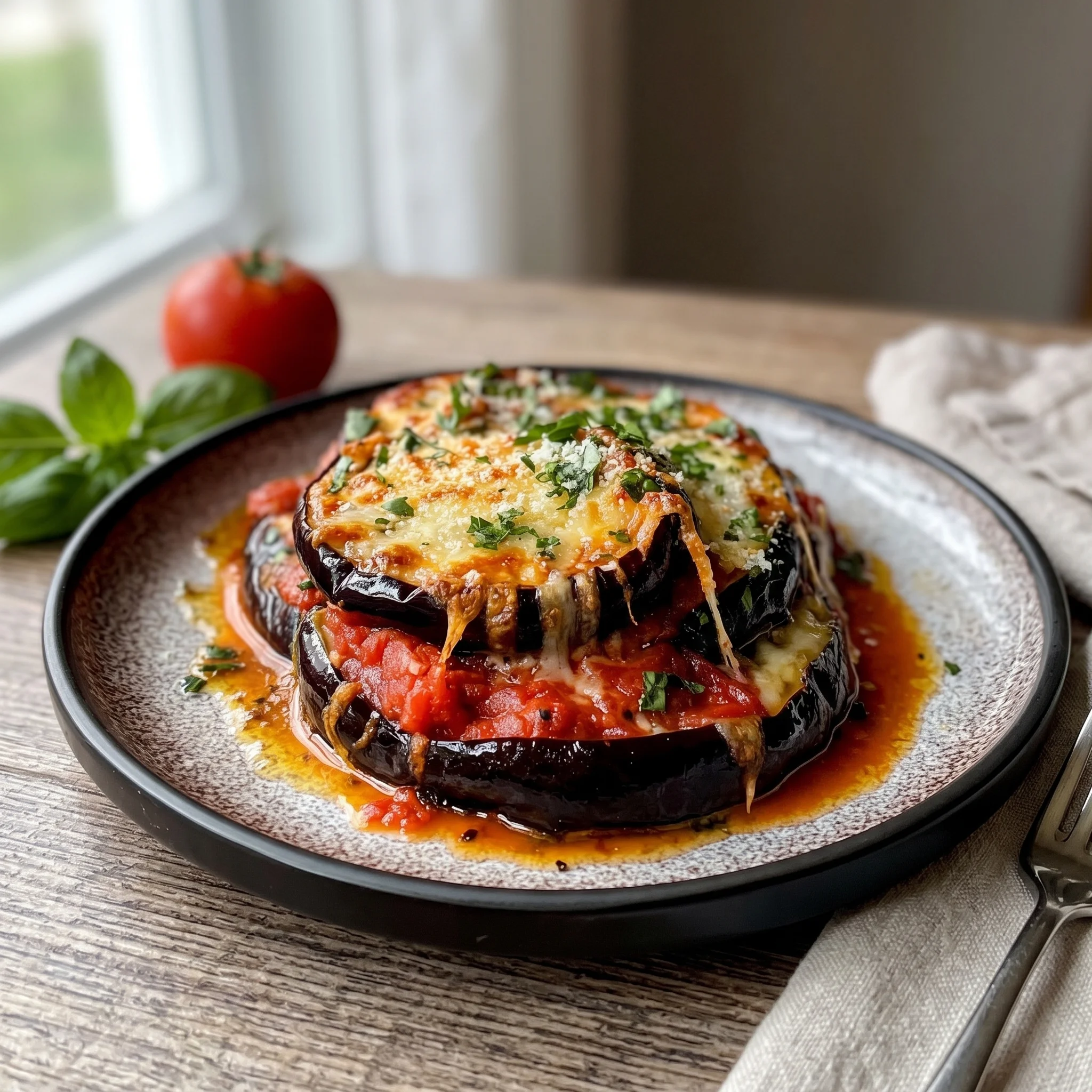 A plate of food with aubergine parmigiana.