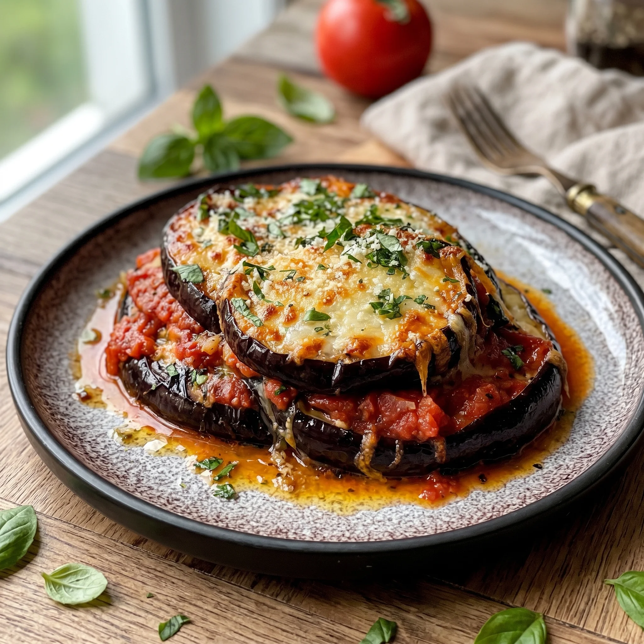 A plate of food with aubergine parmigiana.