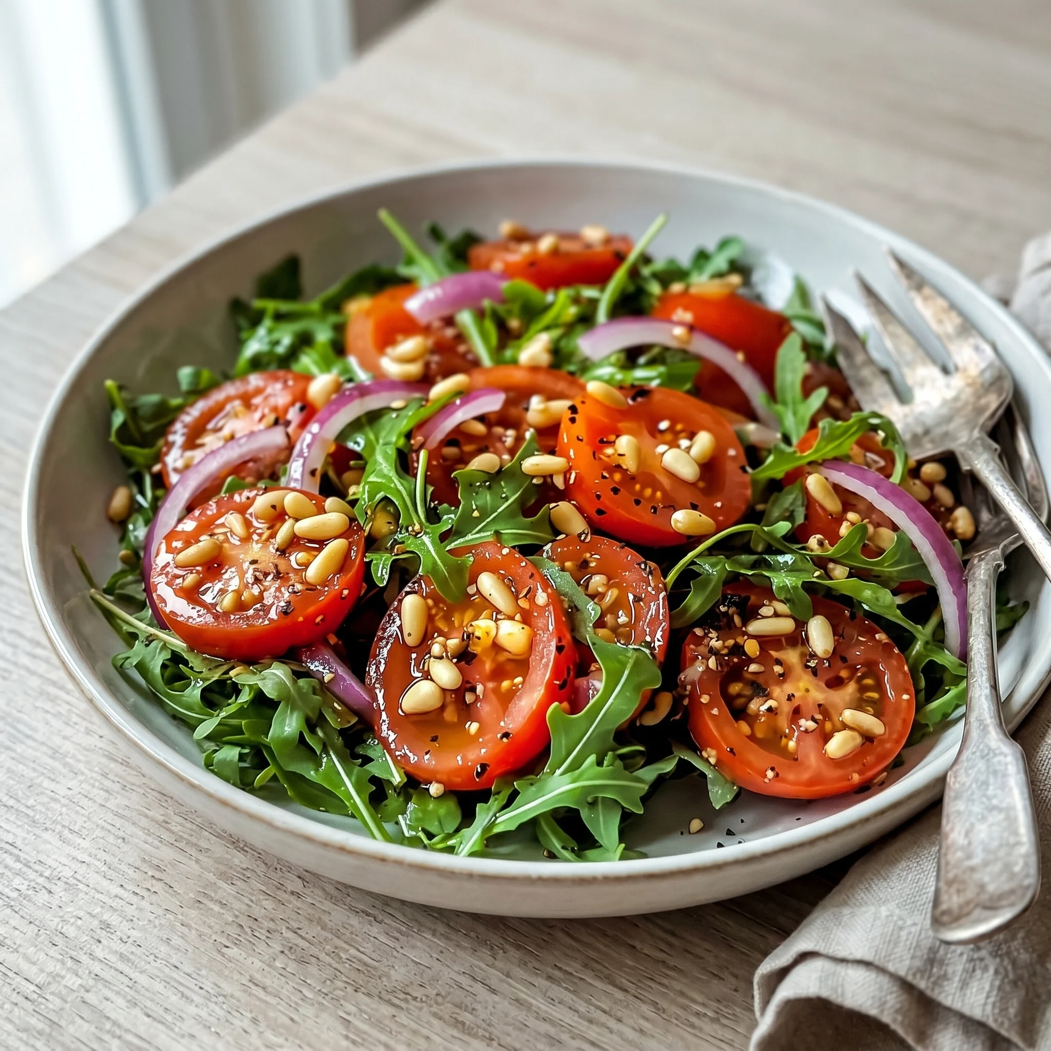 A bowl of salad with tomatoes, spinach, and pine nuts.