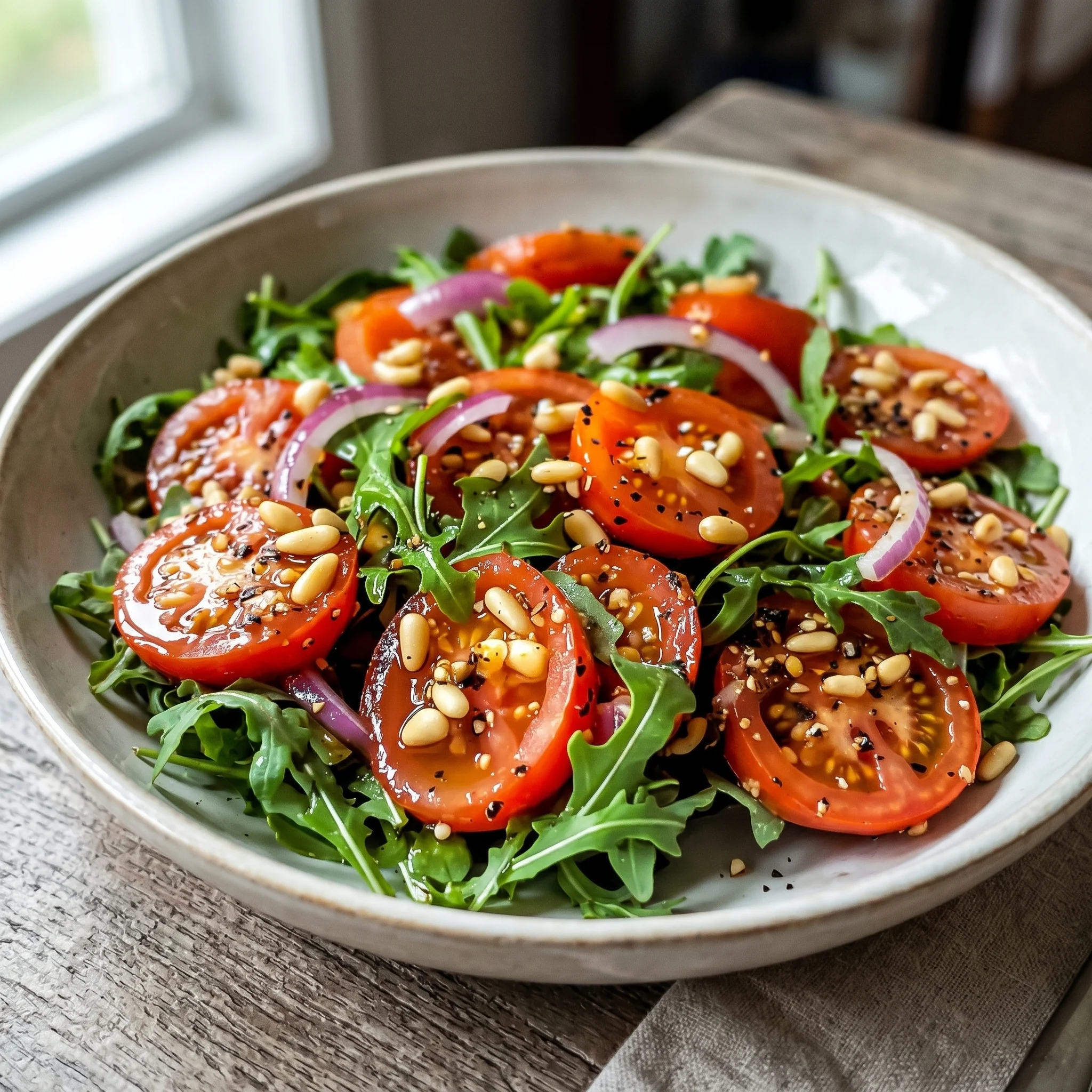 A bowl of salad with tomatoes, spinach, and nuts.
