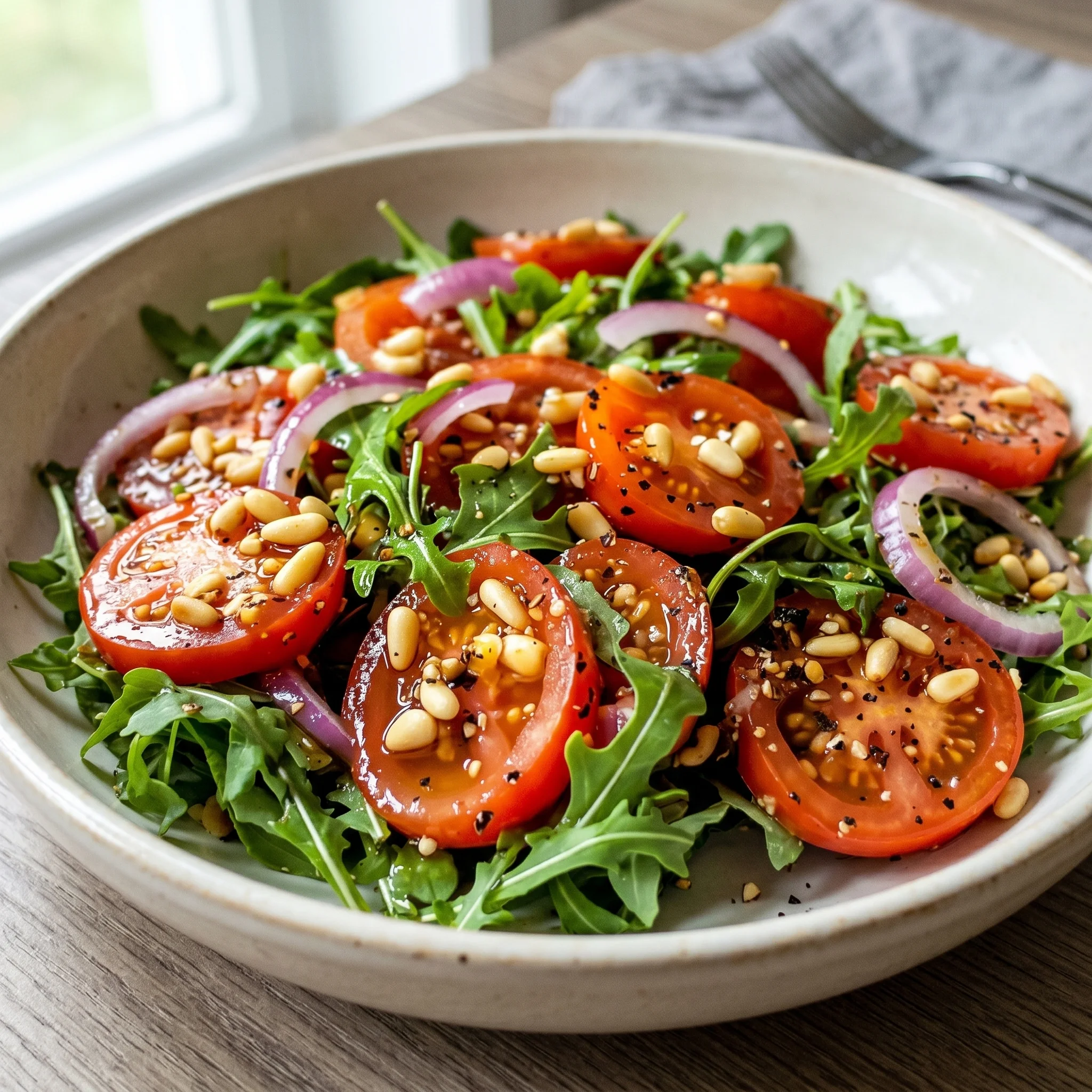 A bowl of salad with tomatoes, spinach, and nuts.