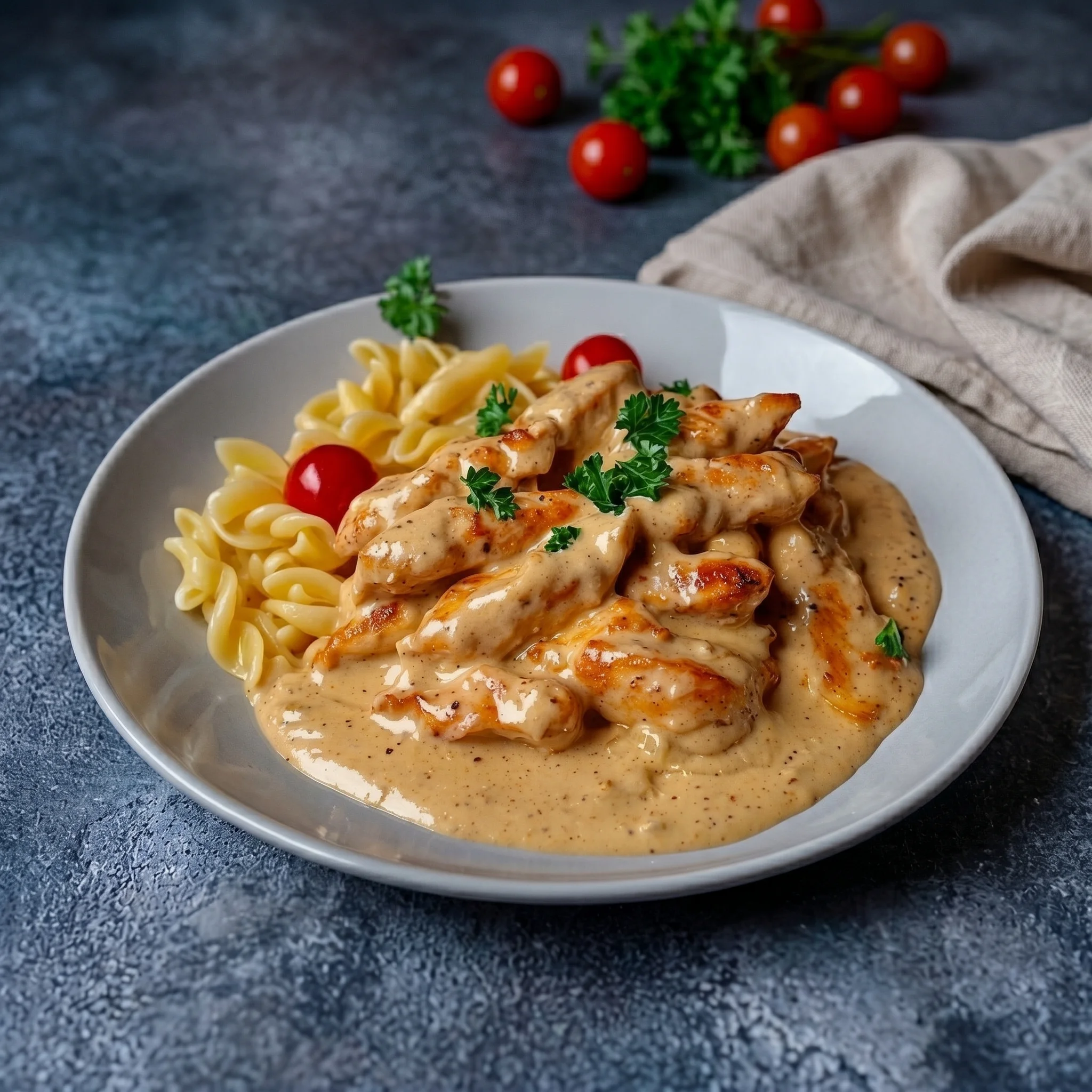 A plate of chicken with noodles and tomatoes.