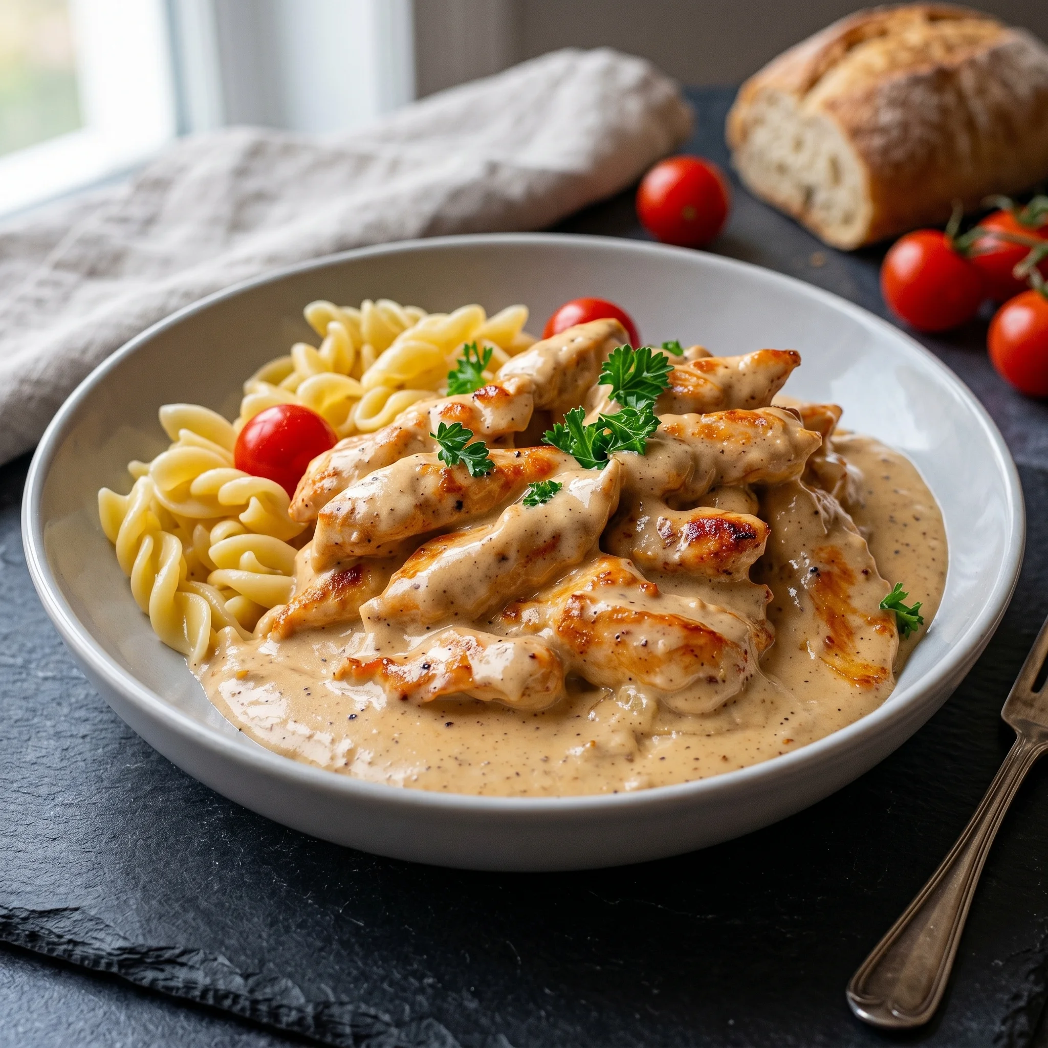 A bowl of pasta with chicken and tomatoes.