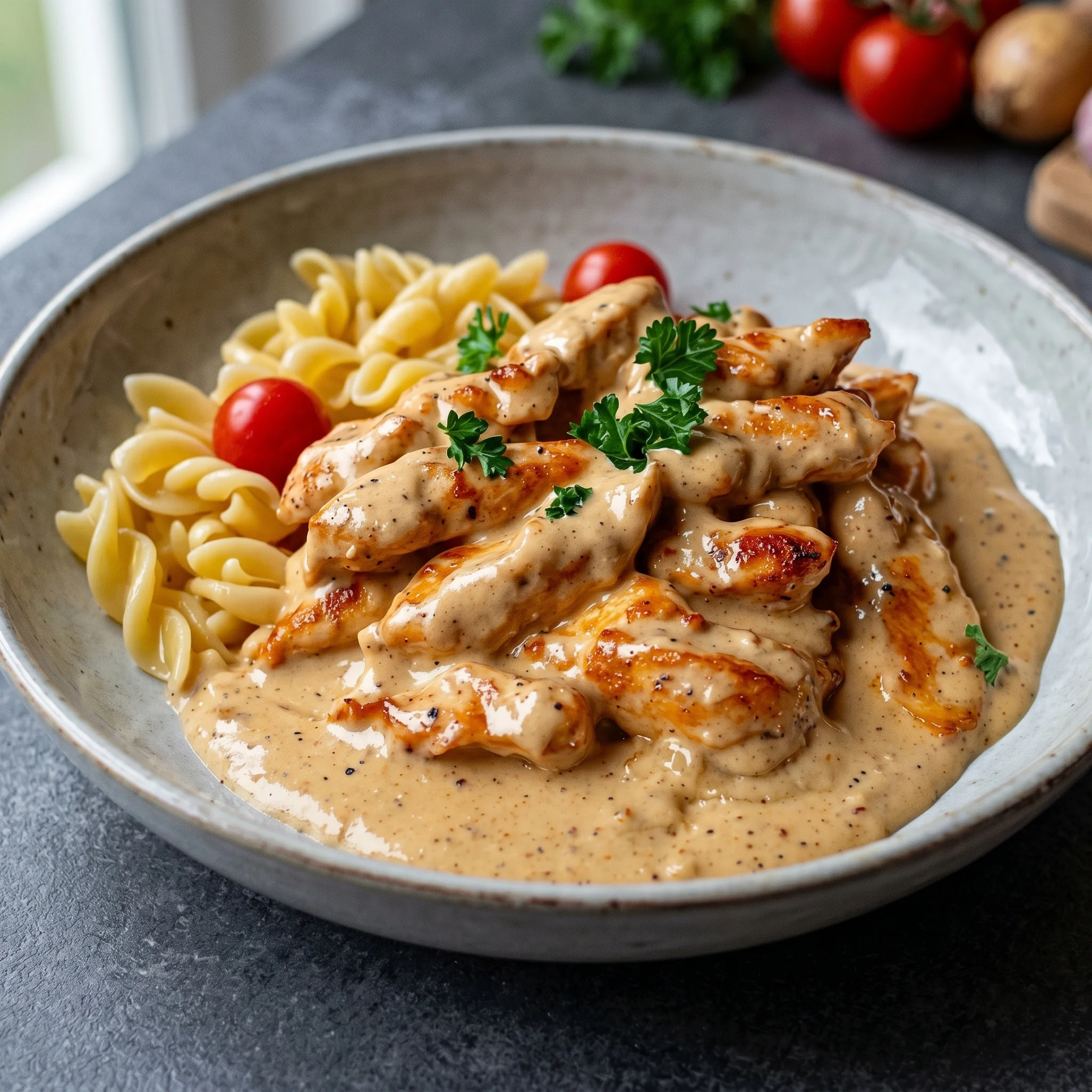 A bowl of pasta with chicken on top.