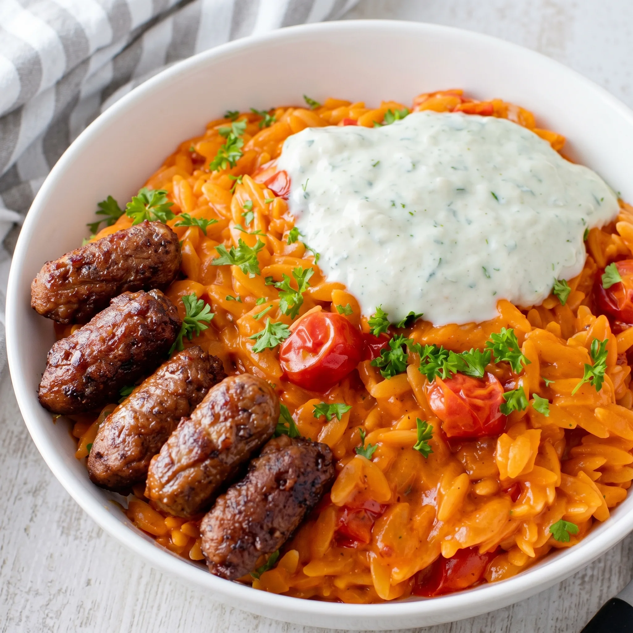 A bowl of food with tomatoes and sausage.