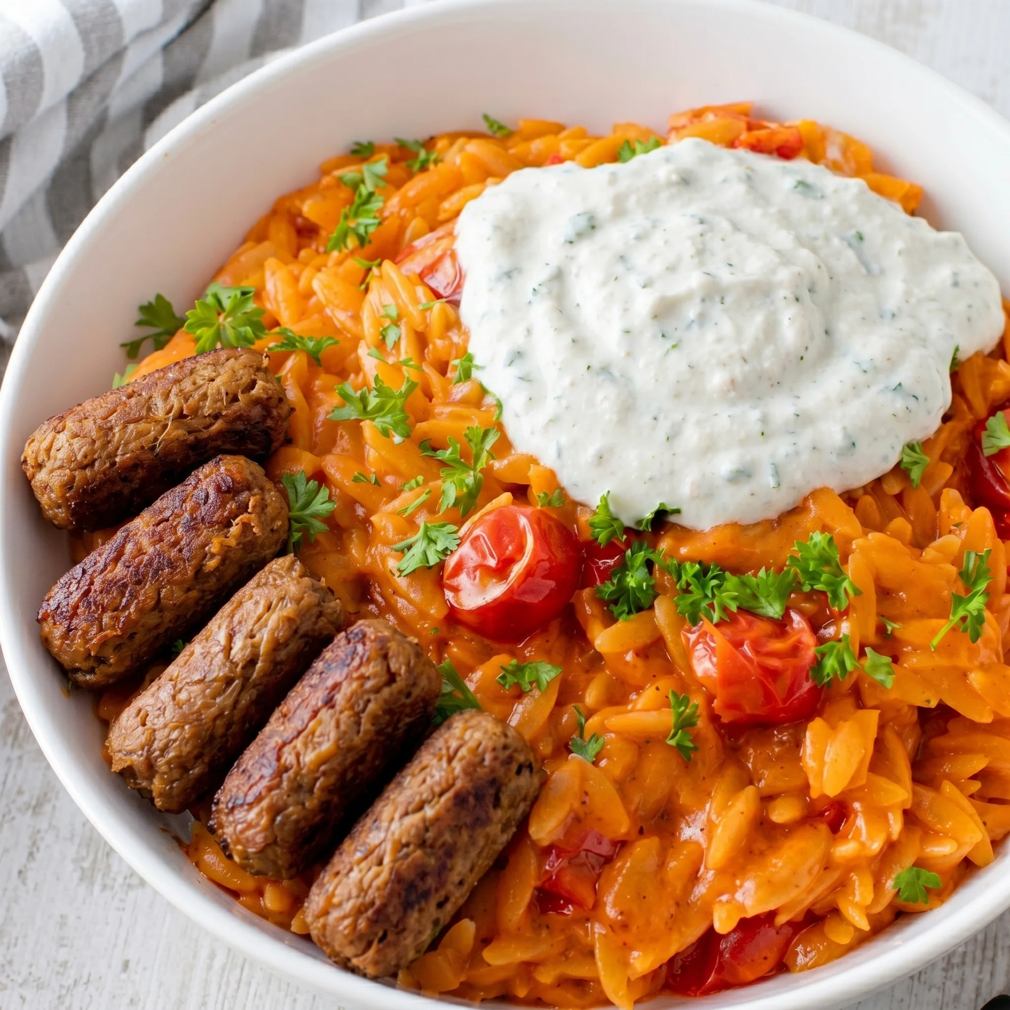A bowl of food with tomatoes and meat.