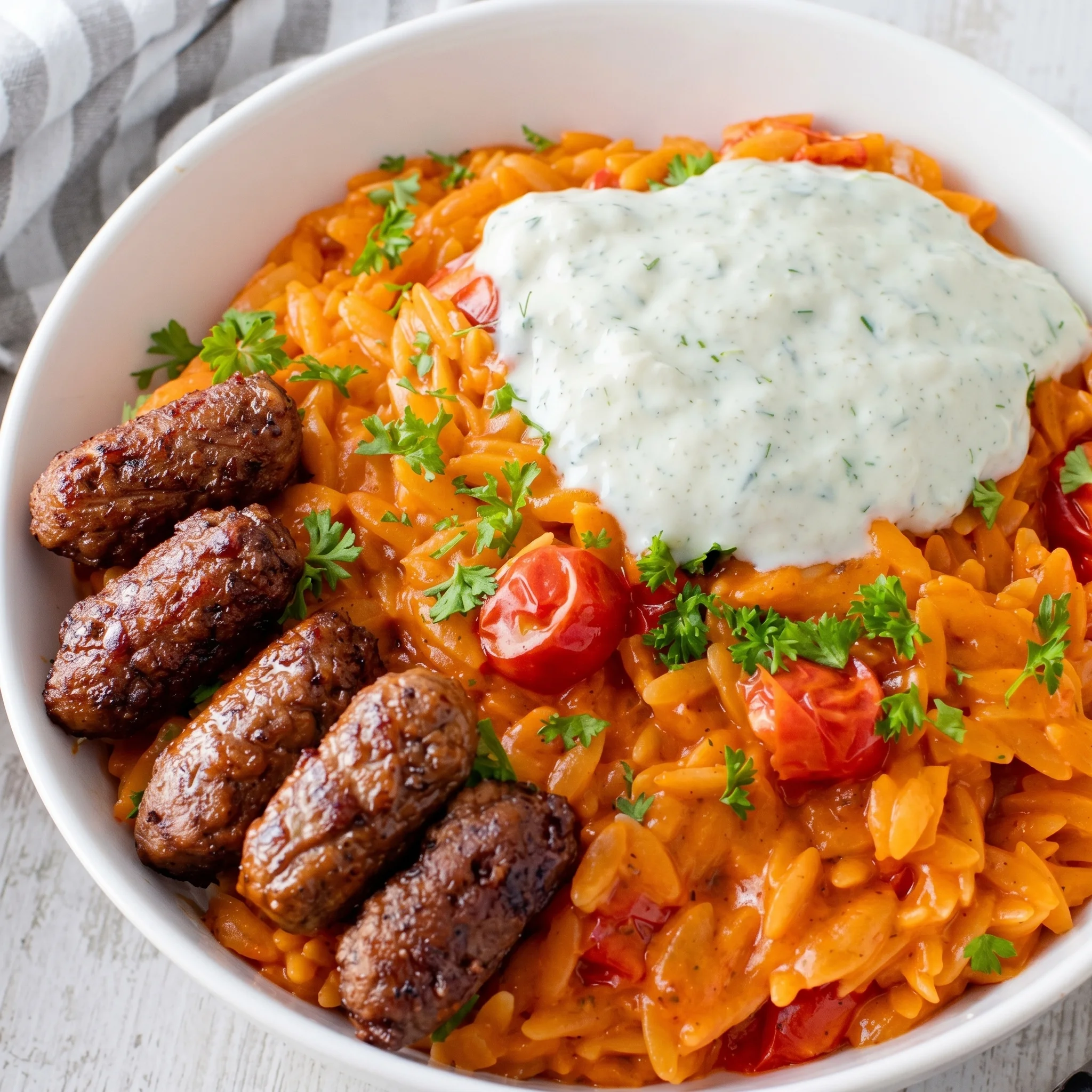 A bowl of food with tomatoes and sausage.