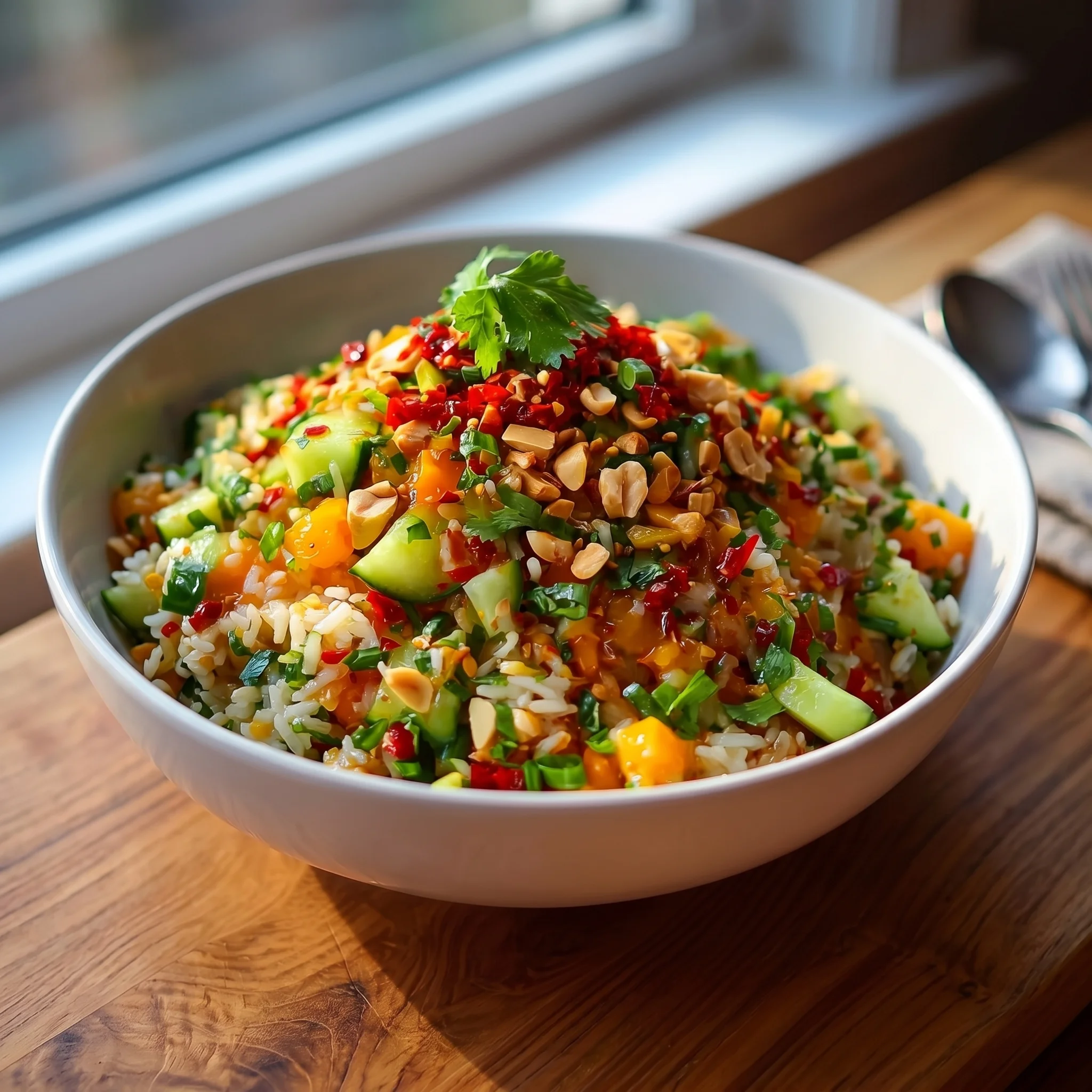 A bowl of food with a fork and spoon on the side.