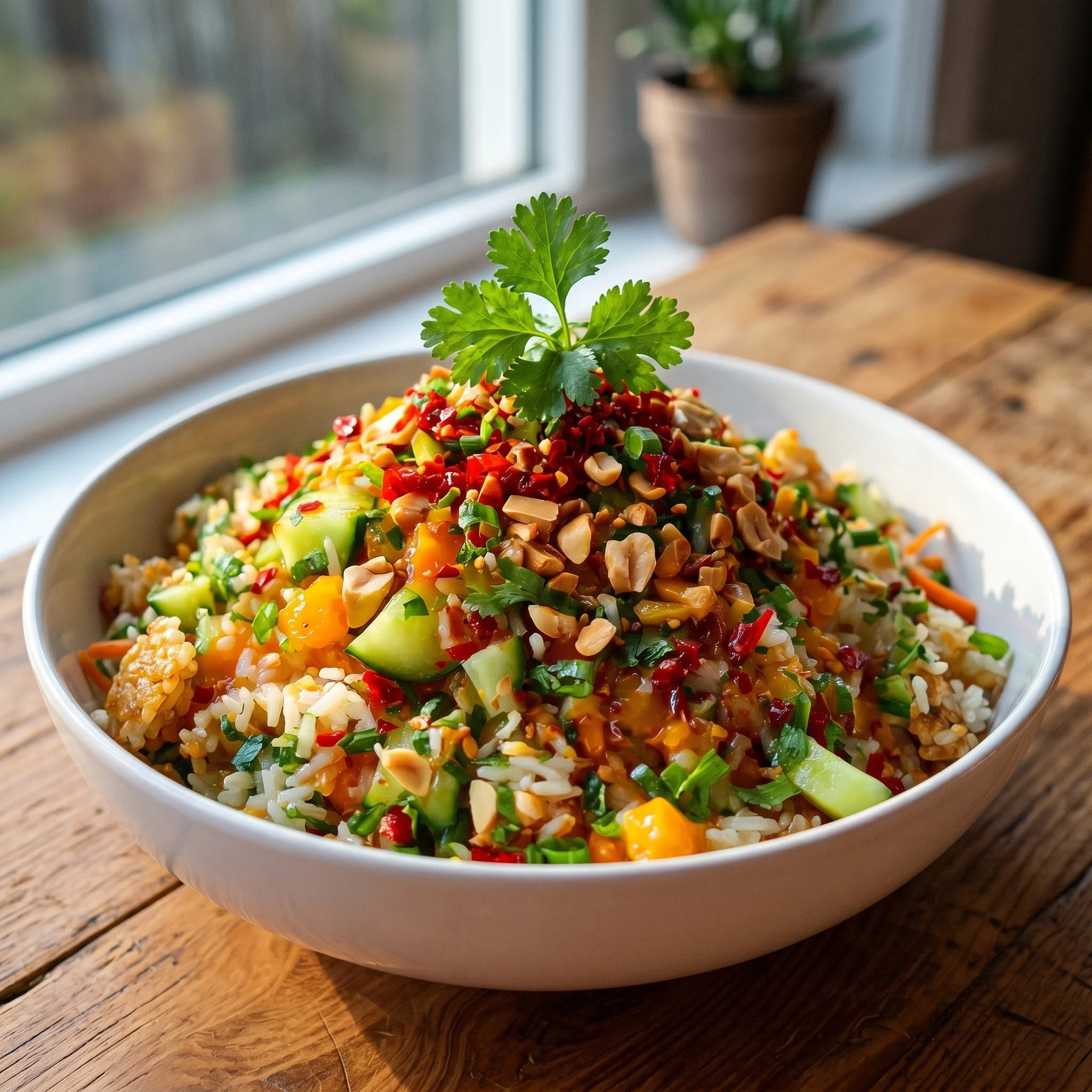 A white bowl filled with a chili rice salad.