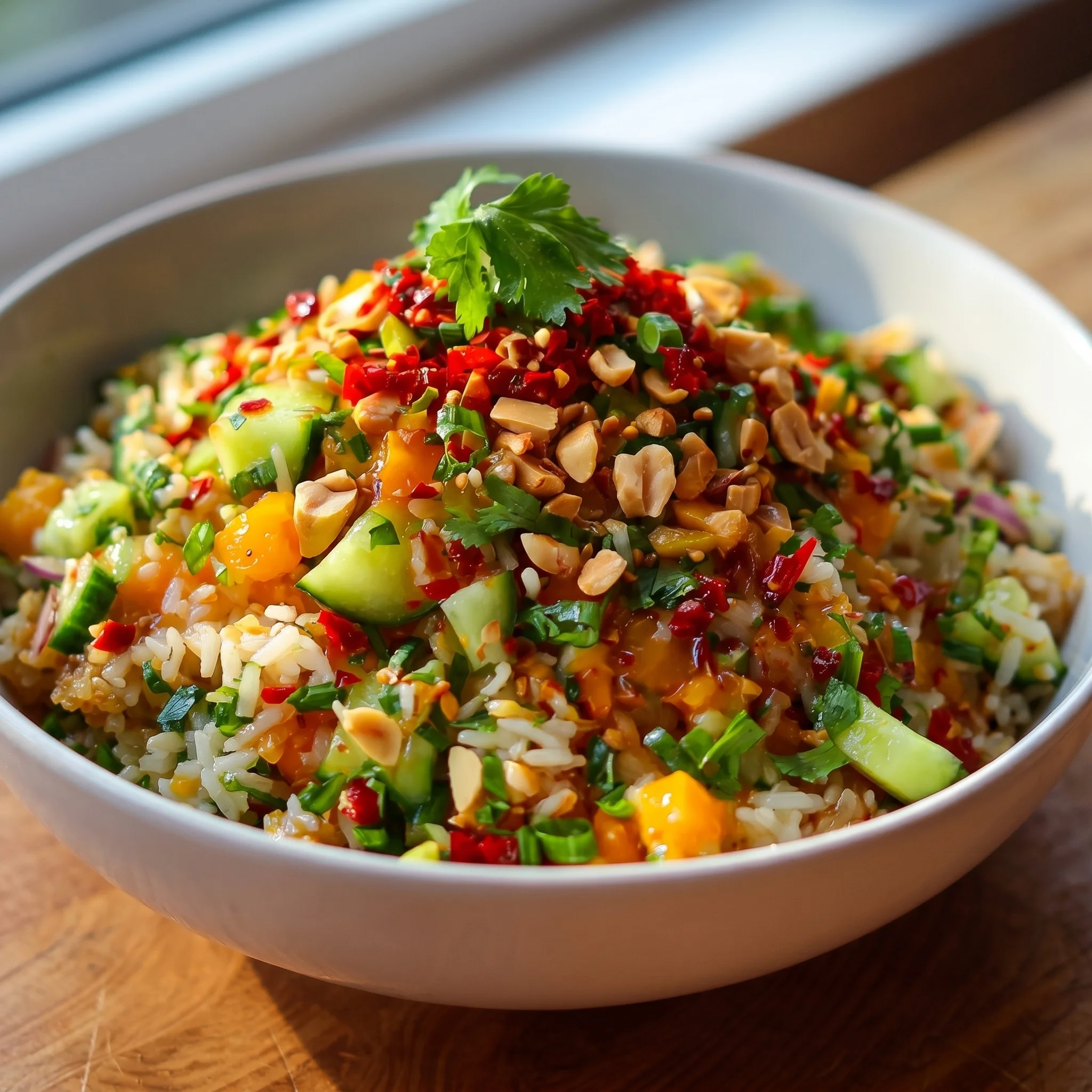 A bowl of rice with nuts and vegetables.