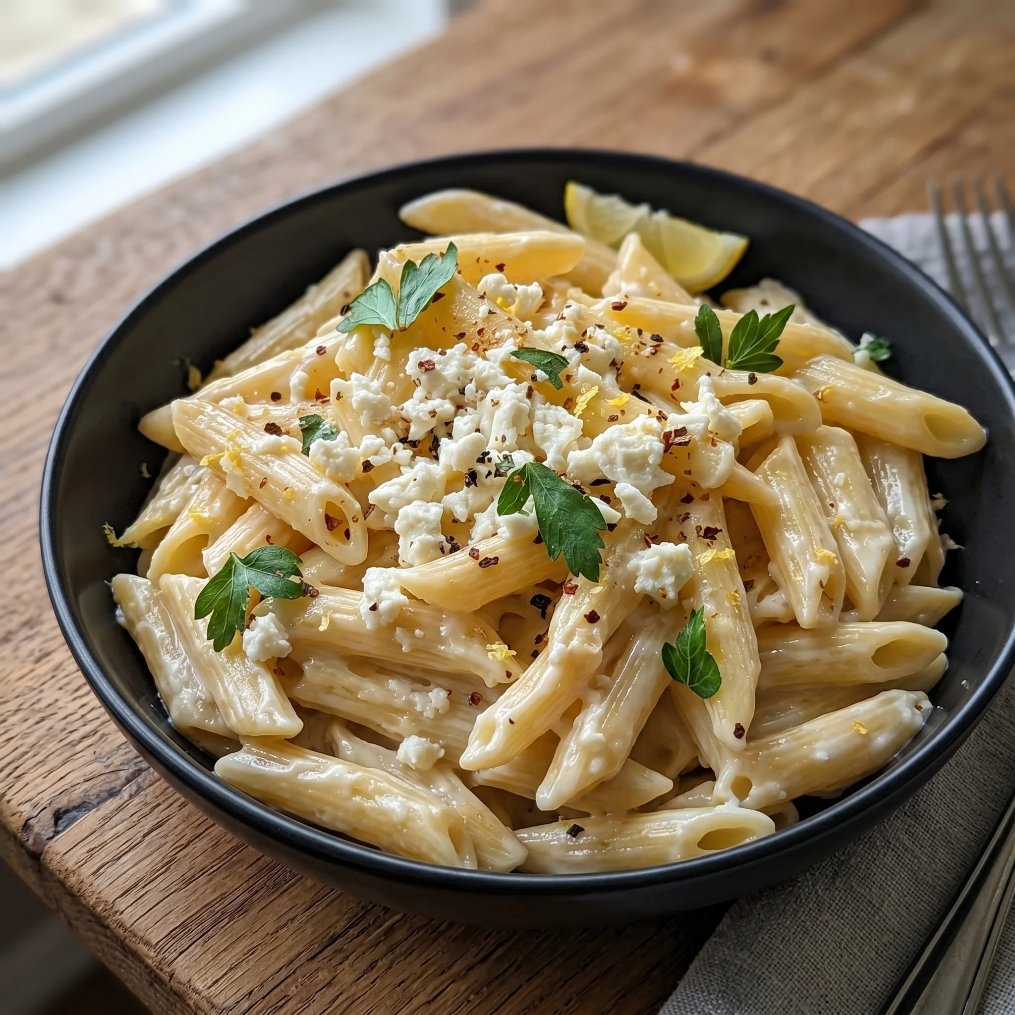 A bowl of pasta with feta cheese and lemon.
