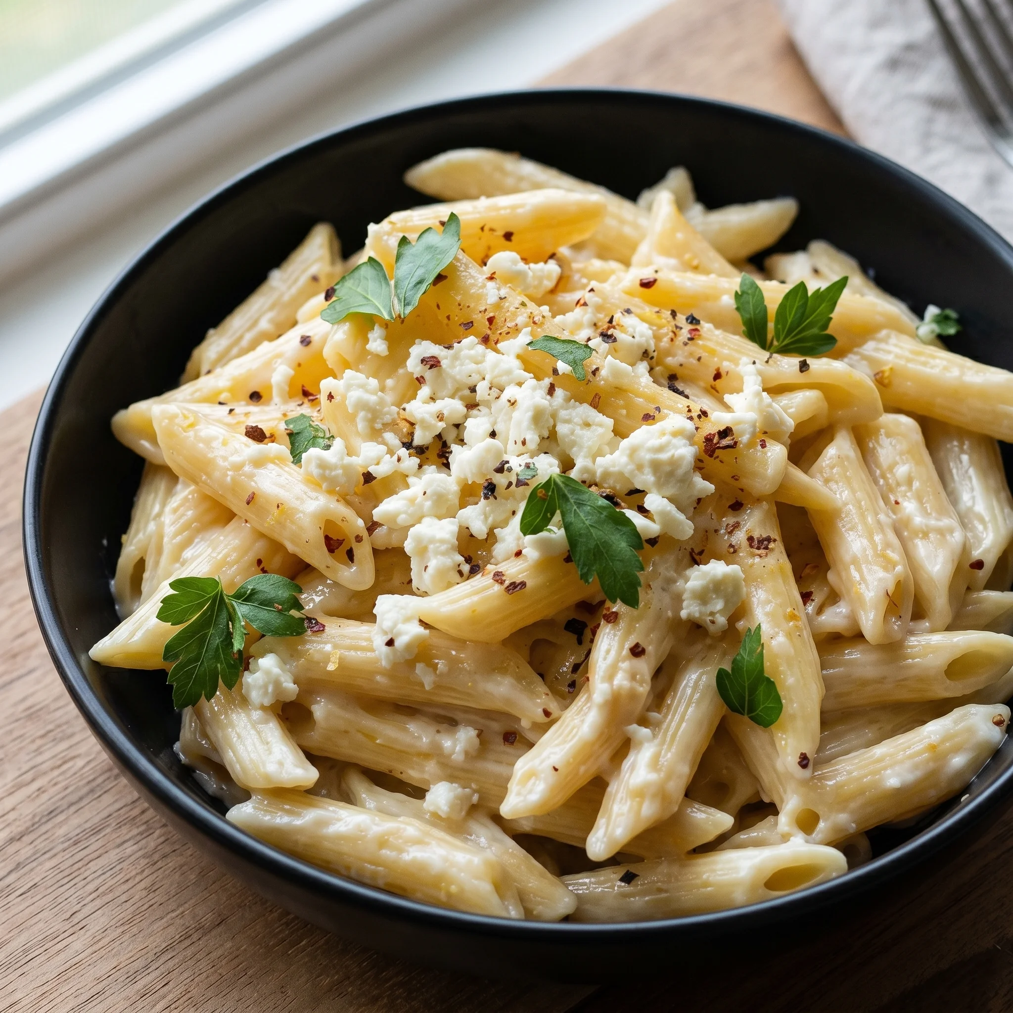 A bowl of pasta with feta cheese and herbs.
