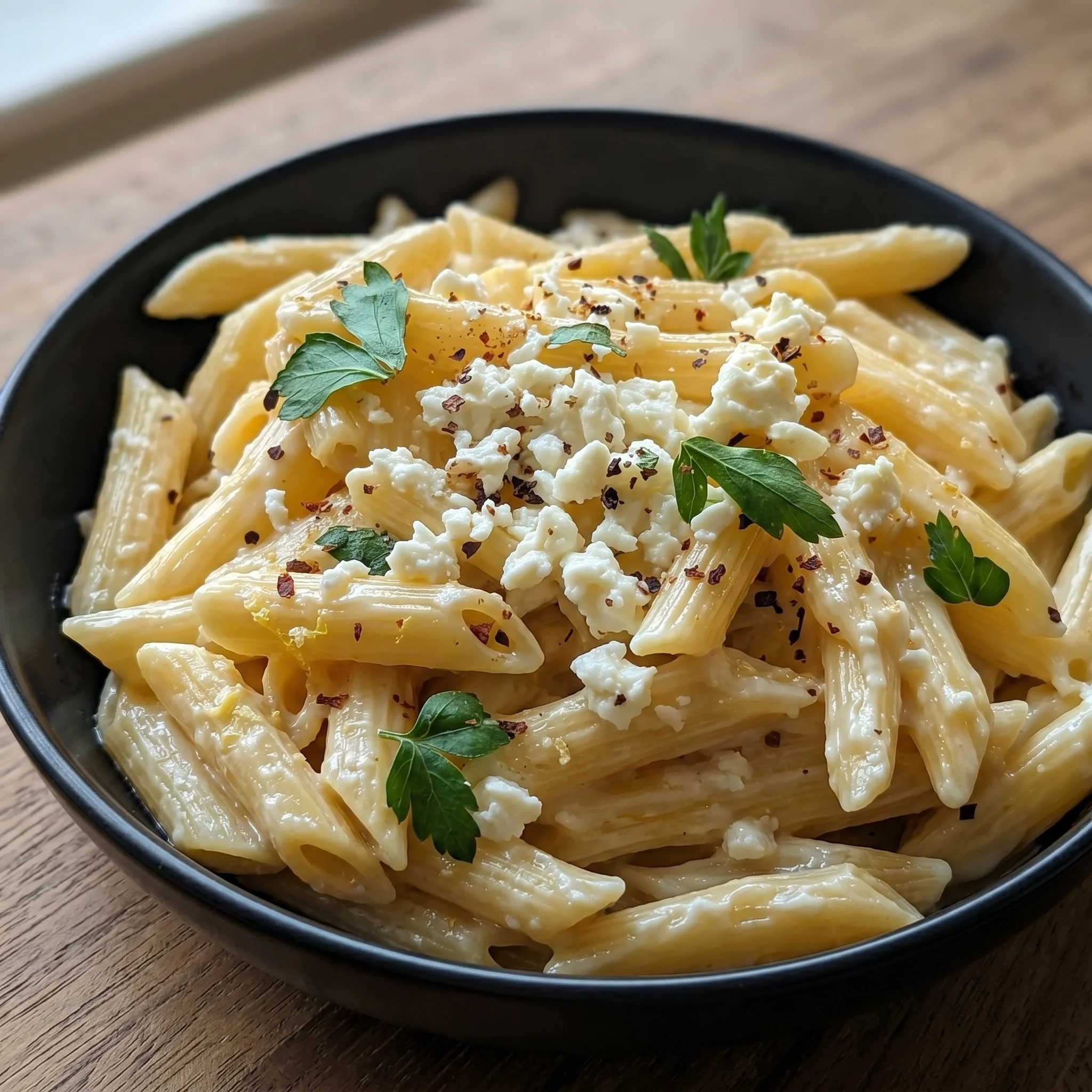 A bowl of pasta with cheese and herbs.