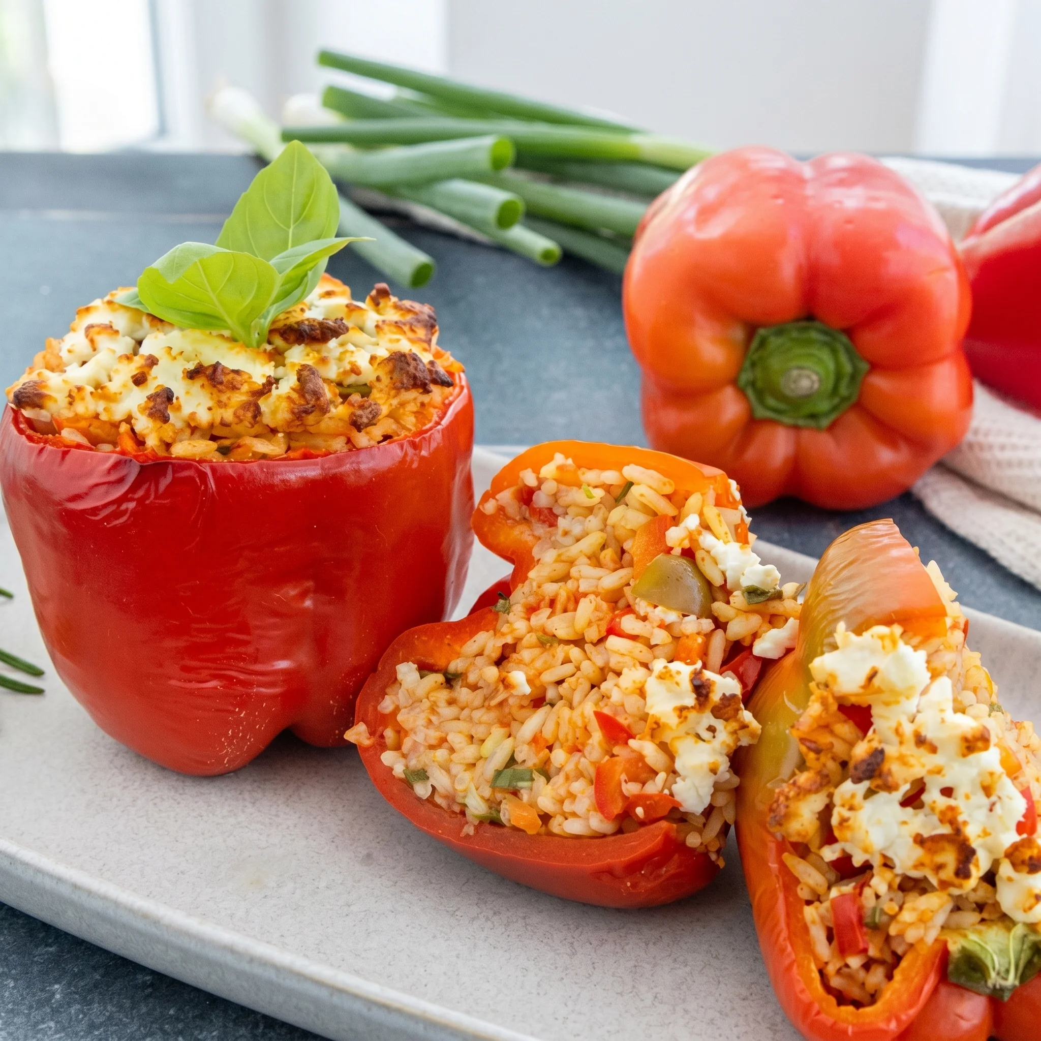 Three different types of vegetarian stuffed peppers.