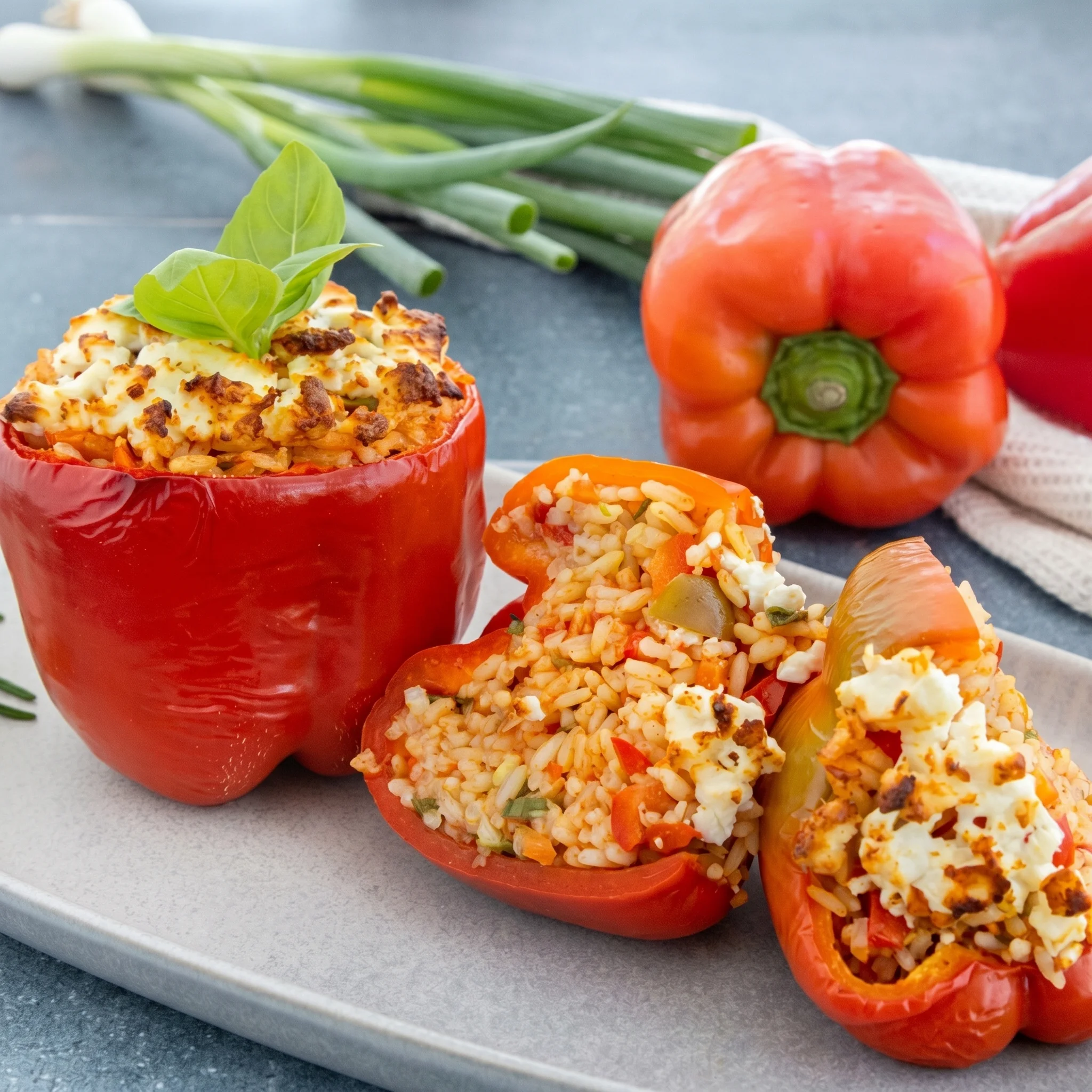Three vegetarian stuffed peppers with rice and feta cheese.