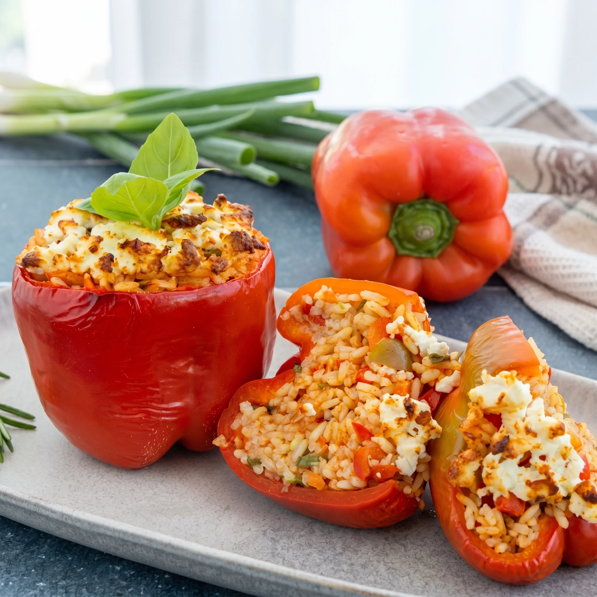 Two red peppers filled with rice and feta cheese.