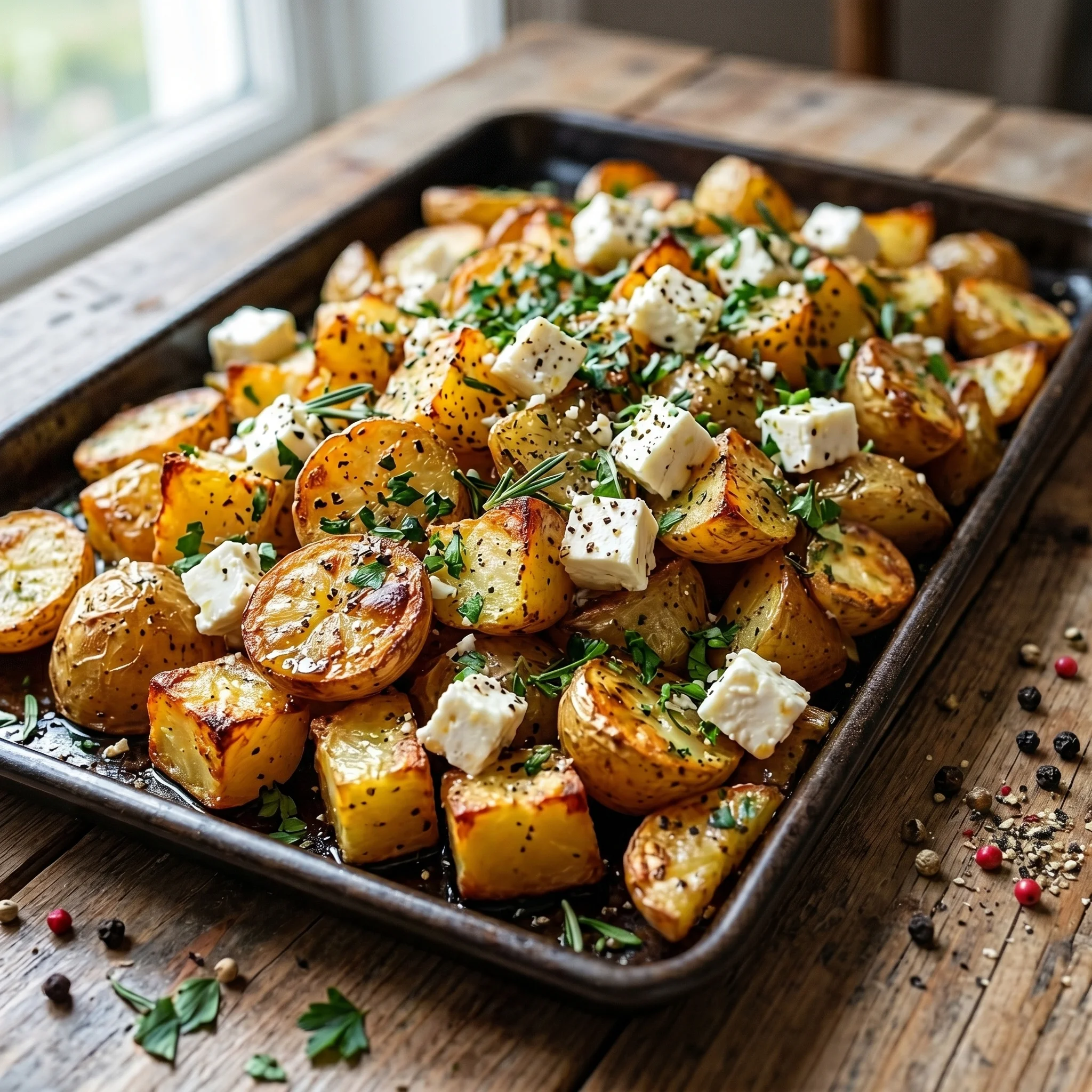 A pan of grilled potatoes with feta cheese.