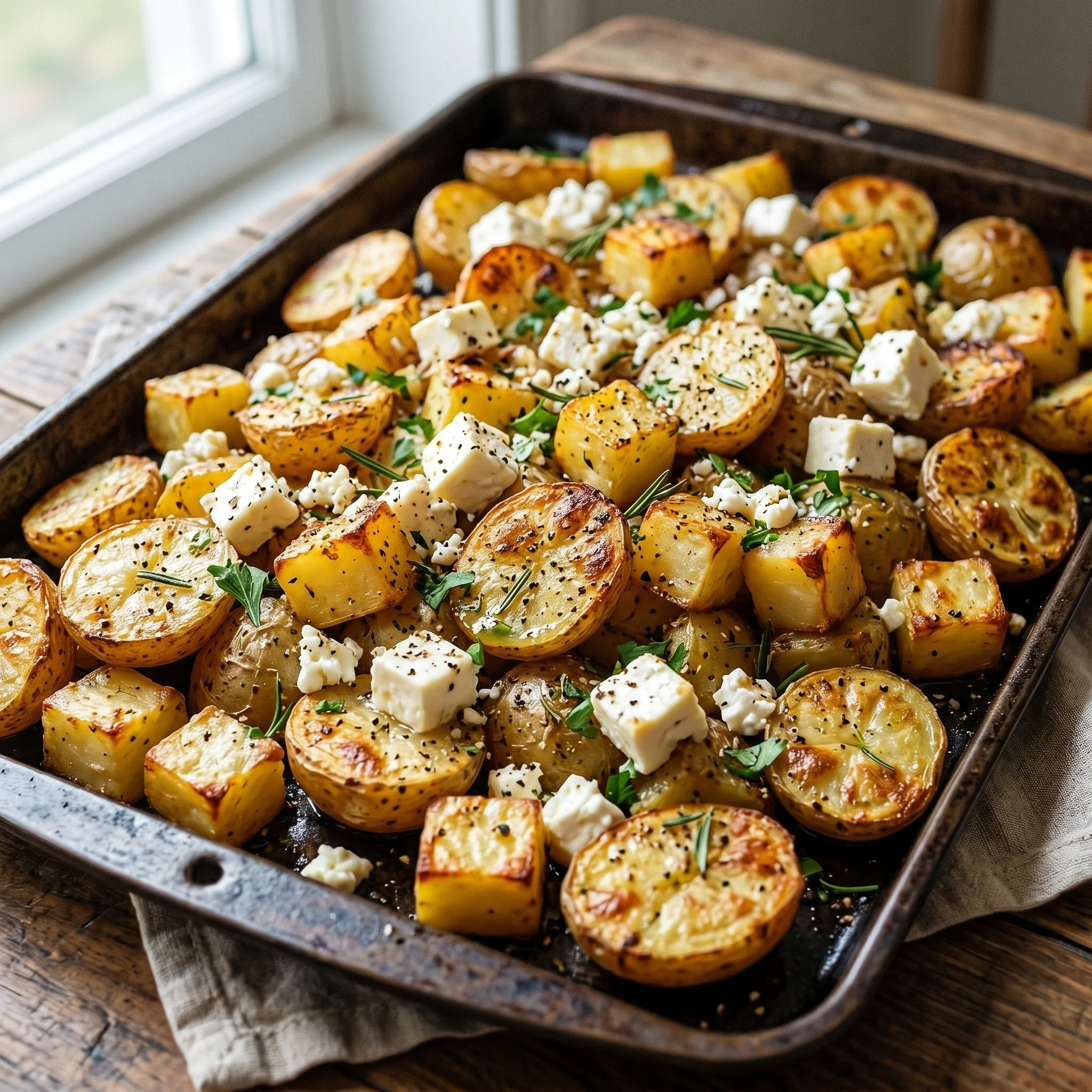 A pan of grilled potatoes with feta cheese.