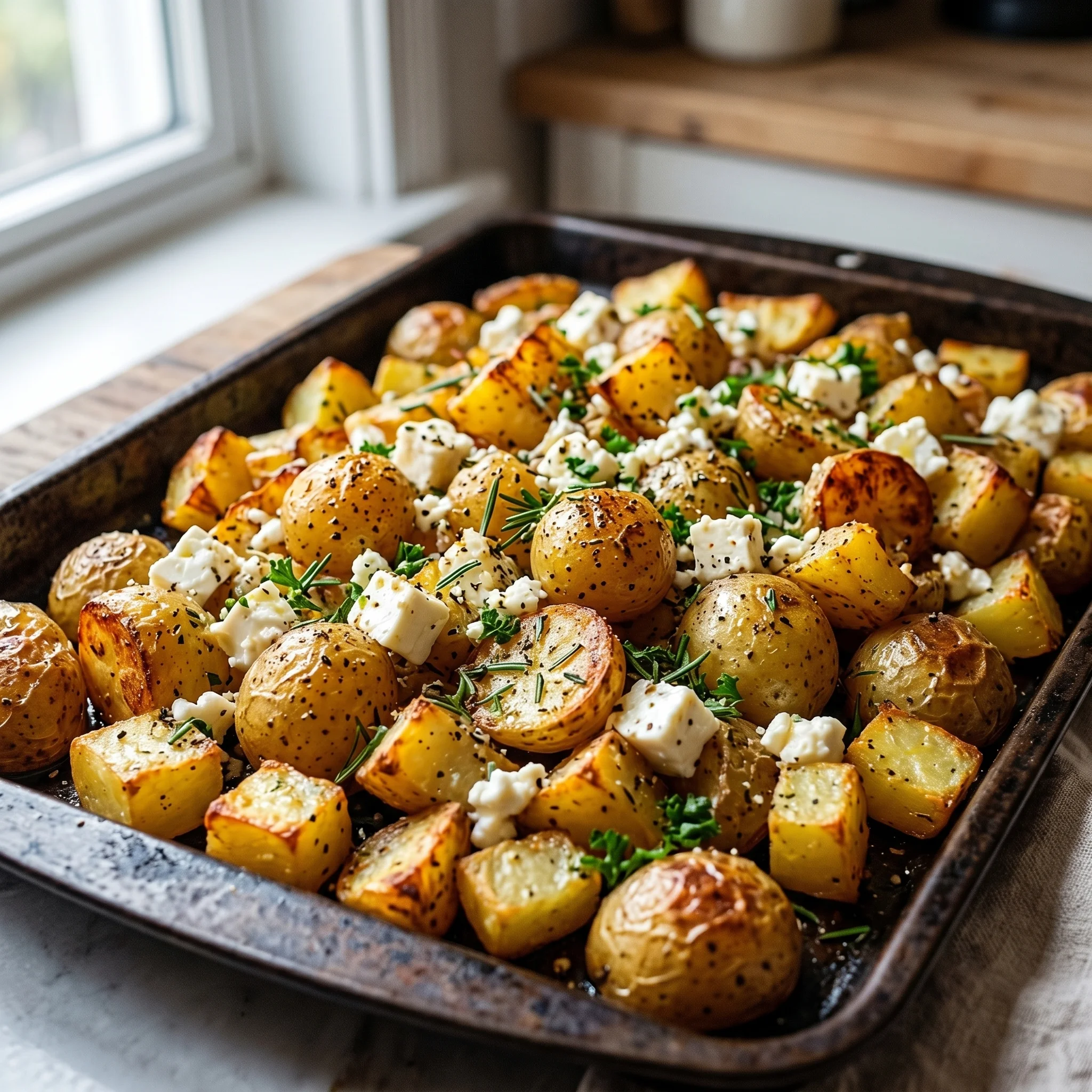 A pan of potatoes with feta cheese and herbs.