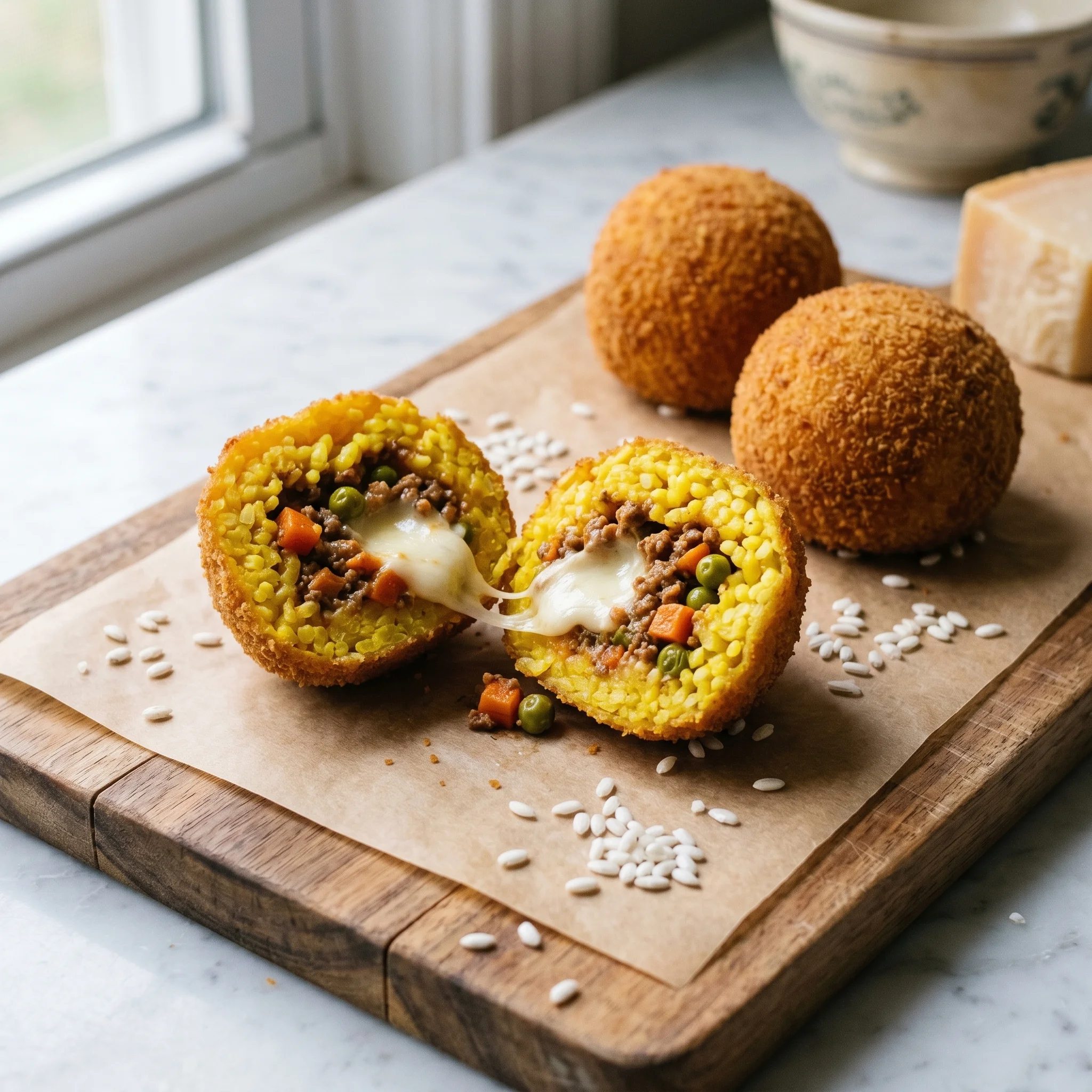 Two Italian rice balls with cheese and peas.