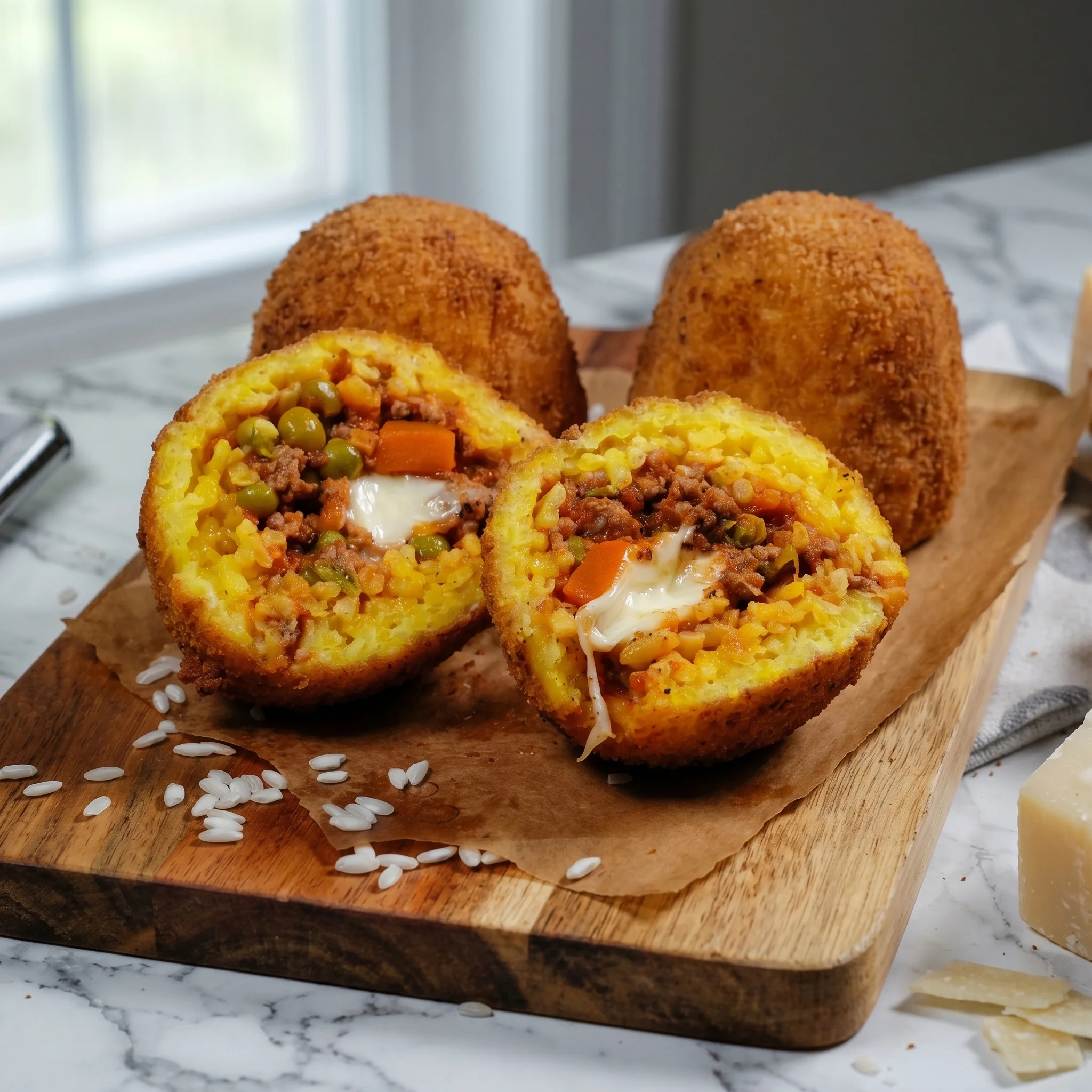 Two Italian rice balls with meat and cheese.