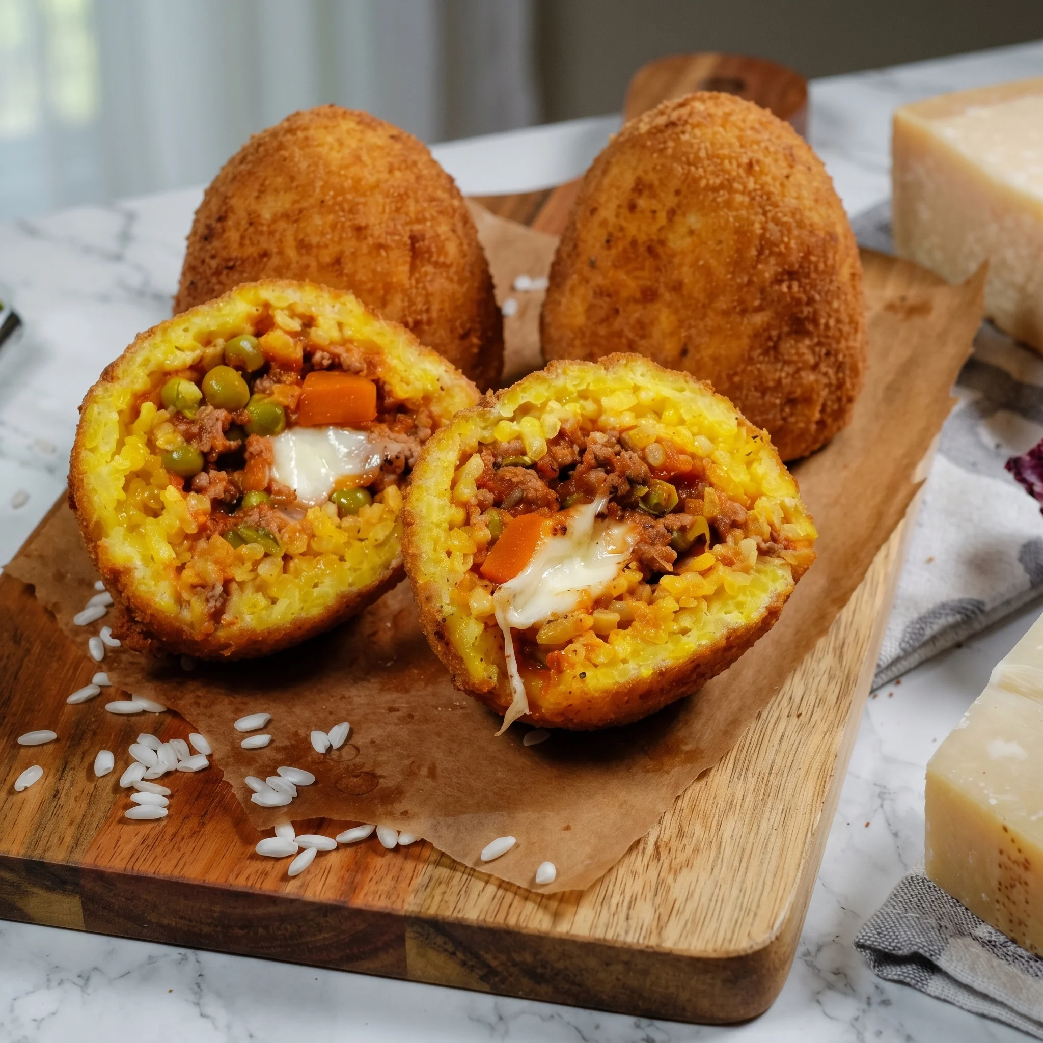 Two Italian rice balls with meat and cheese.