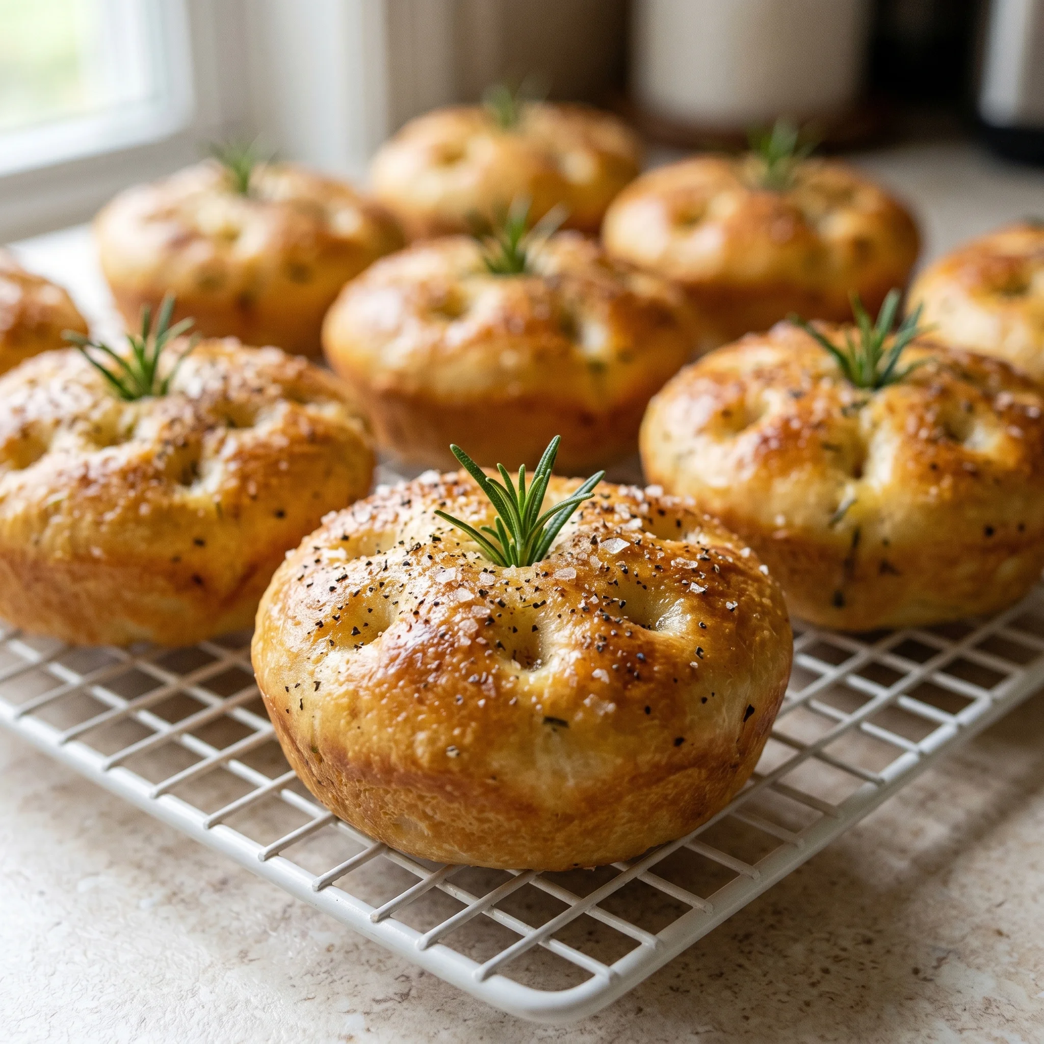 A tray of muffins with rosemary and garlic.