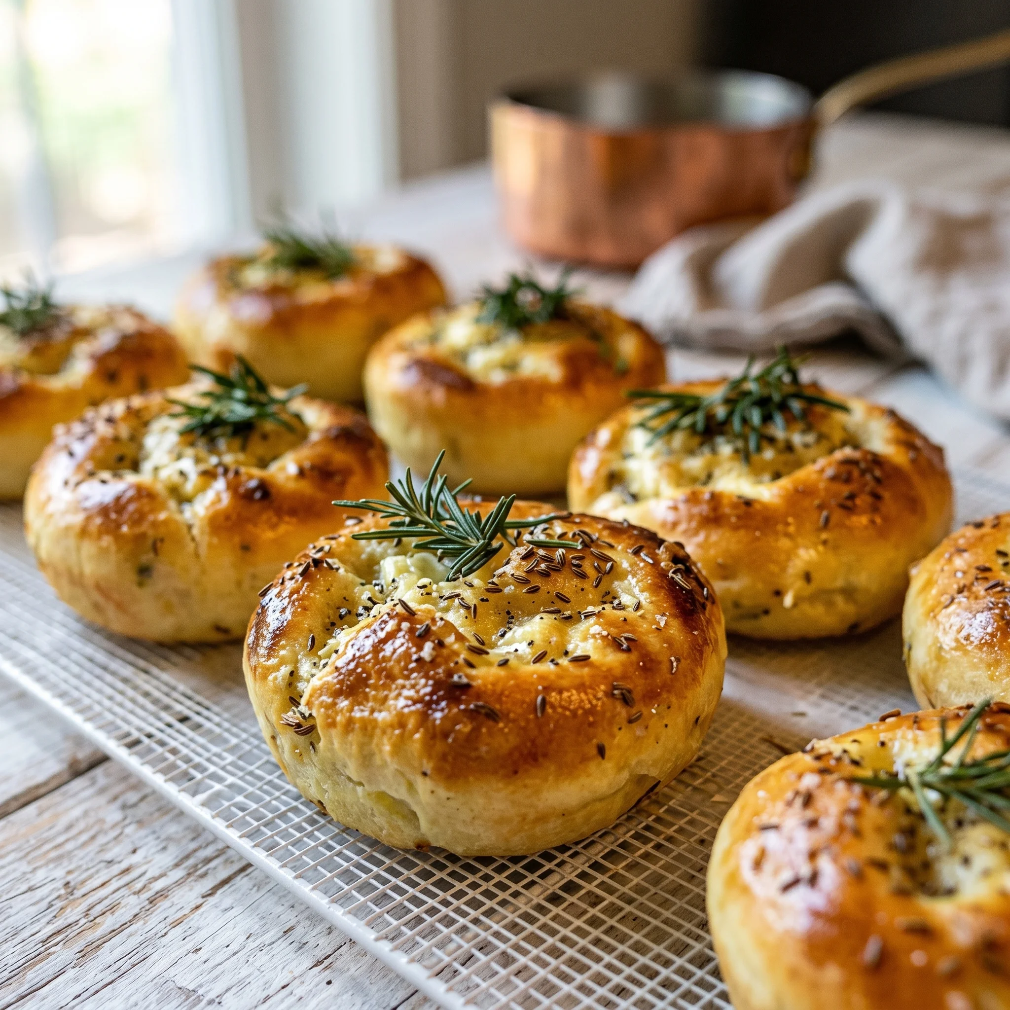 A tray of muffins with herbs on top.