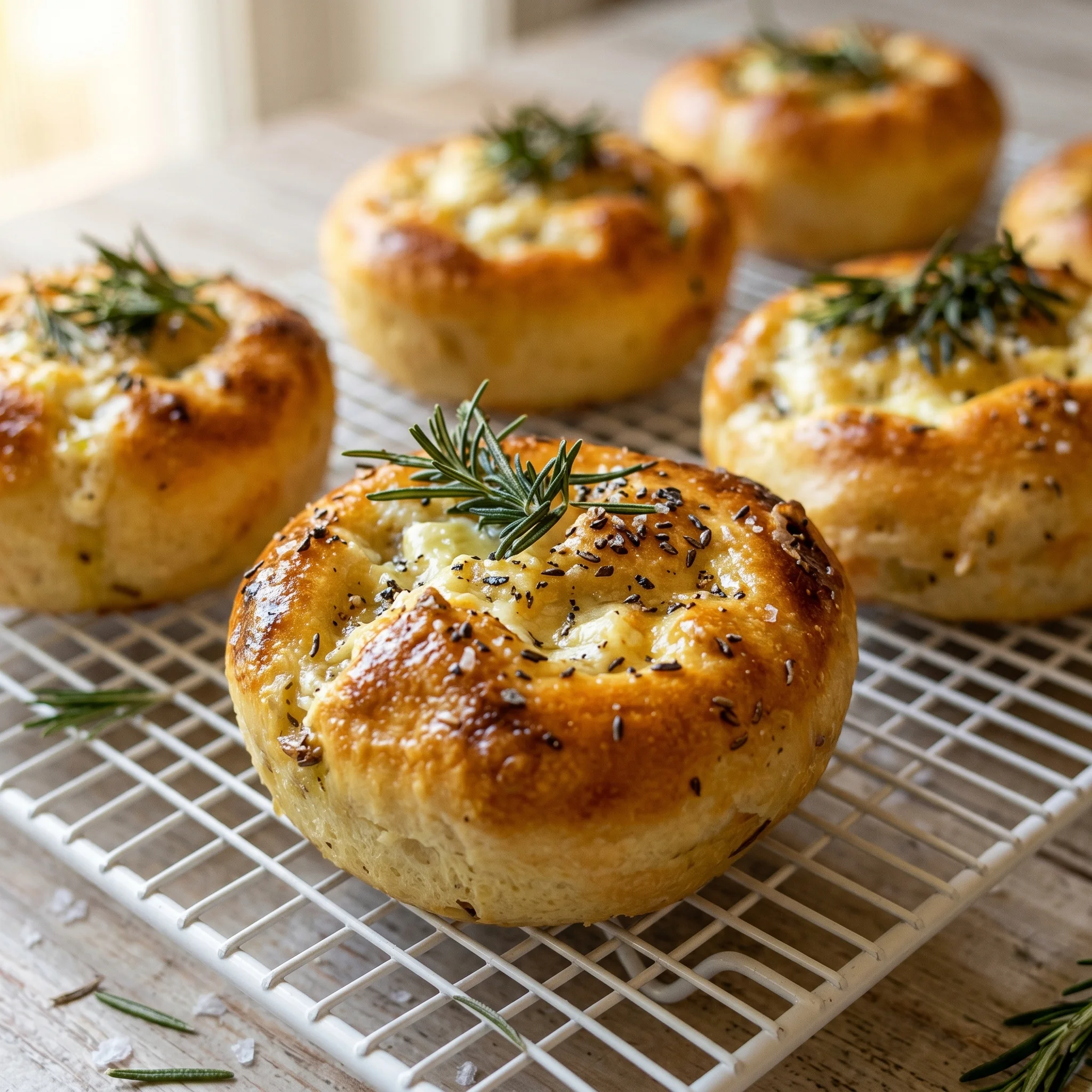 A tray of muffins with herbs on top.